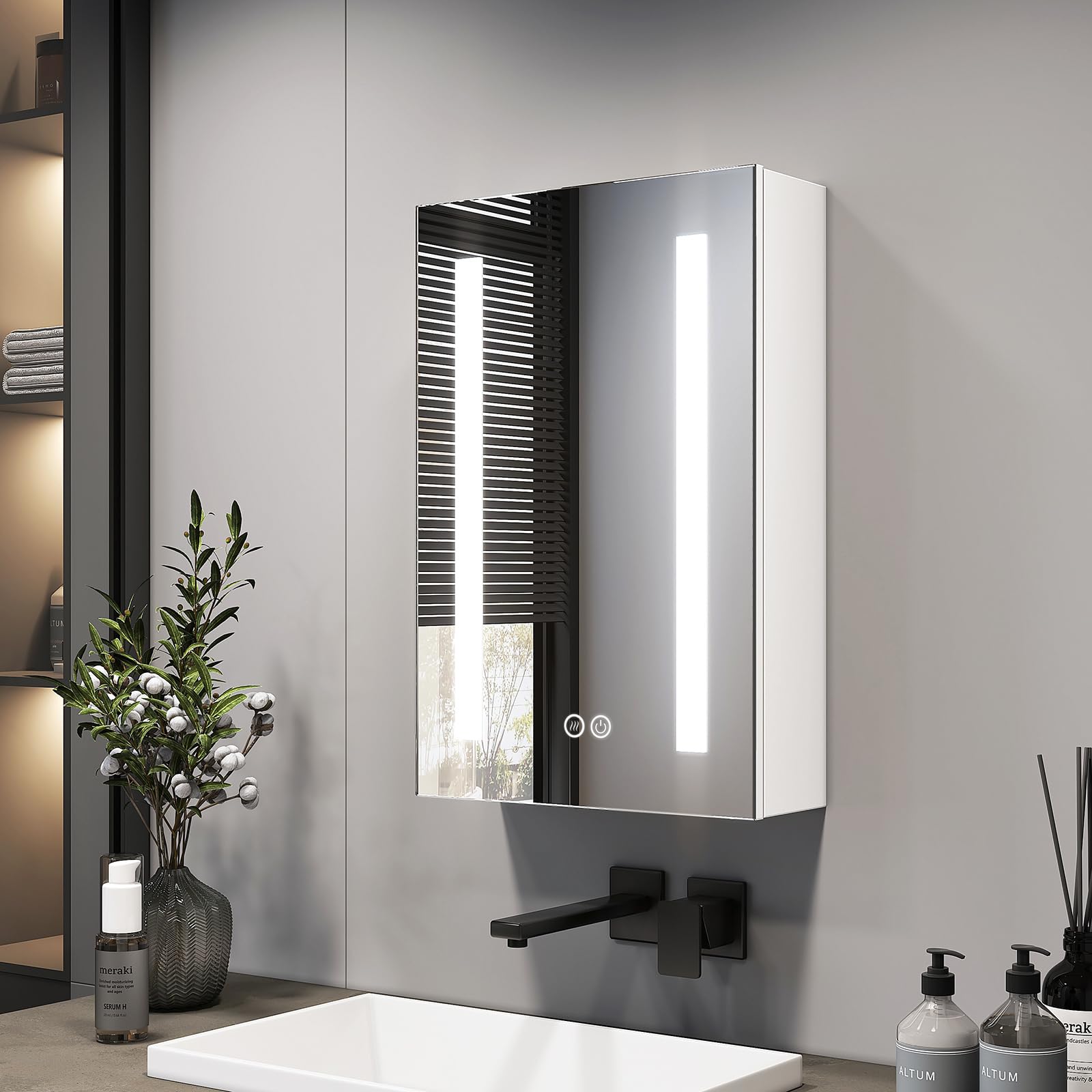EMKE 400x600mm Illuminated Bathroom Mirror Cabinet with Shaver Socket, Single Door Bathroom Mirror Storage Cabinet with Light, Anti-Fog, Dimmable & 3 Colors, Adjustable Shelf & Memory Function, White