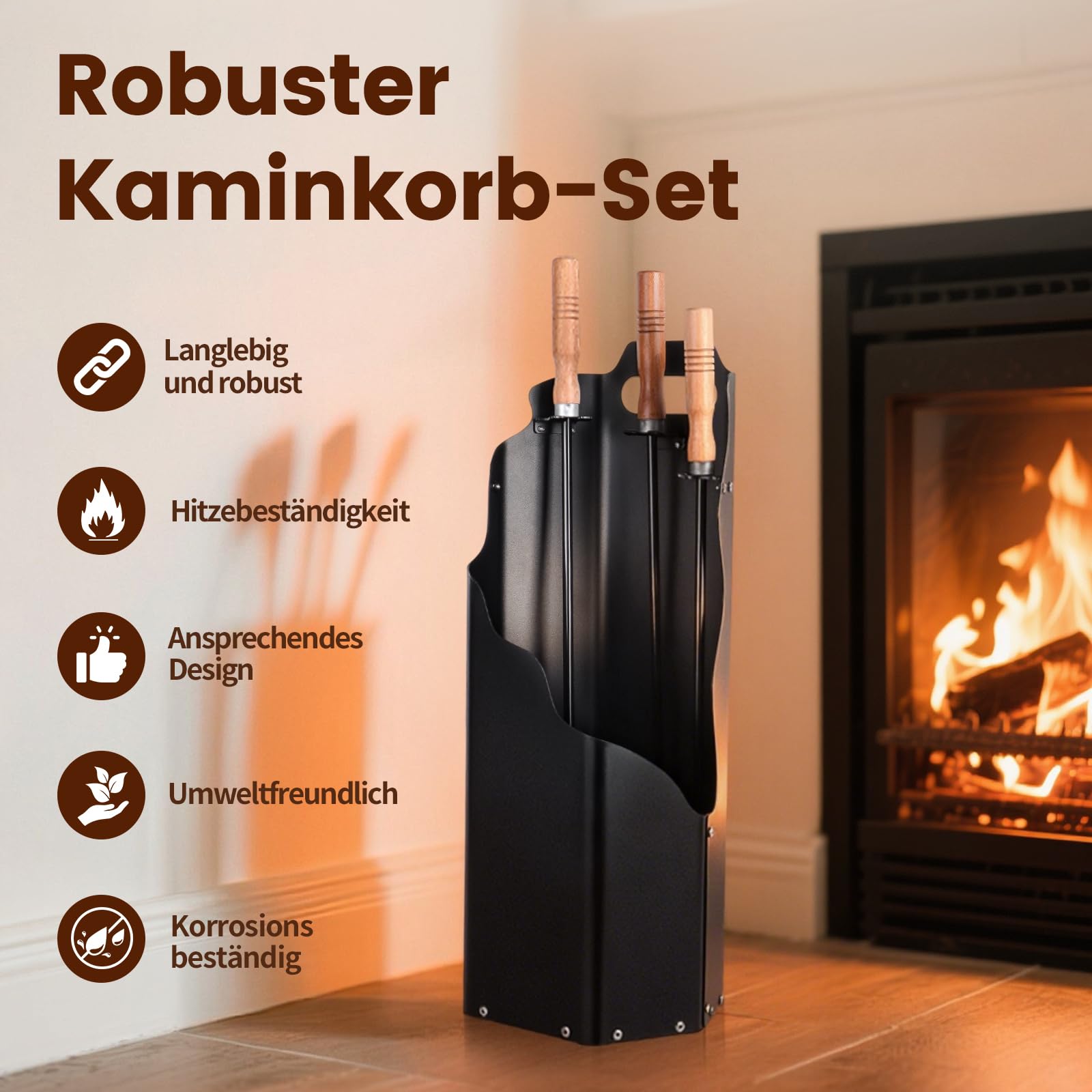 Kaminbesteck, 4-teilige Ofenbesteck Kaminbesteck,Kamingarnitur mit Schaufel, Besen, Schürhaken & Halter, Ofenbesteck modern,langlebiges Kaminwerkzeug-Set