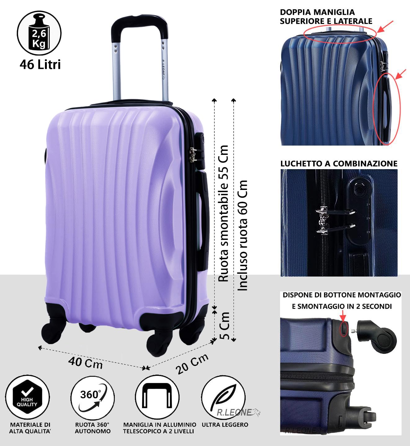 R.Leone Valigia 55x40x20 cm Bagaglio a mano 4 Ruote smontabile 60x40x20 Capienza Massima Trolley in ABS adatto Ryanair, Easyjet, Wizzair, Iberia, Lufthansa, Tui, Vueling (Lilla, 2037Max 55x40x20Cm)