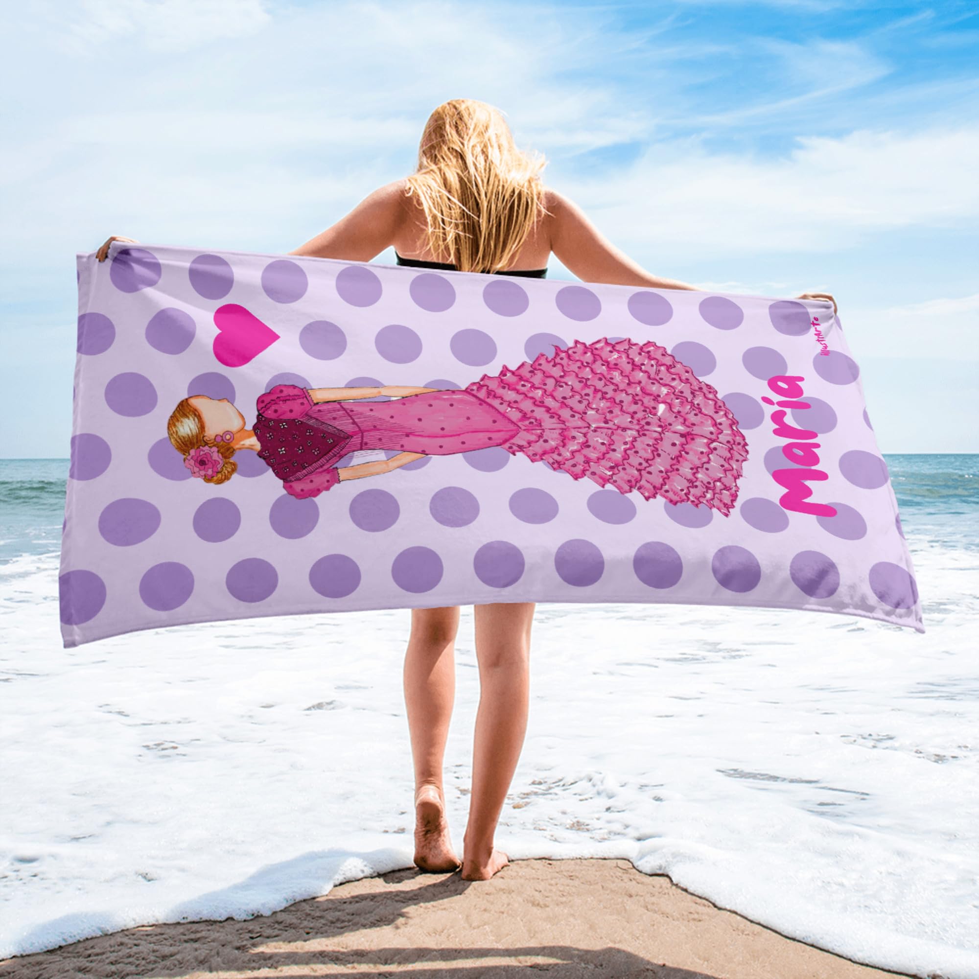 Serviette Personnalisée Flamenco 152x76 cm – Rose Châle Mauve | Serviette personnalisée flamenco avec prénom, grand format doux pour plage, piscine, danse ou cadeau.