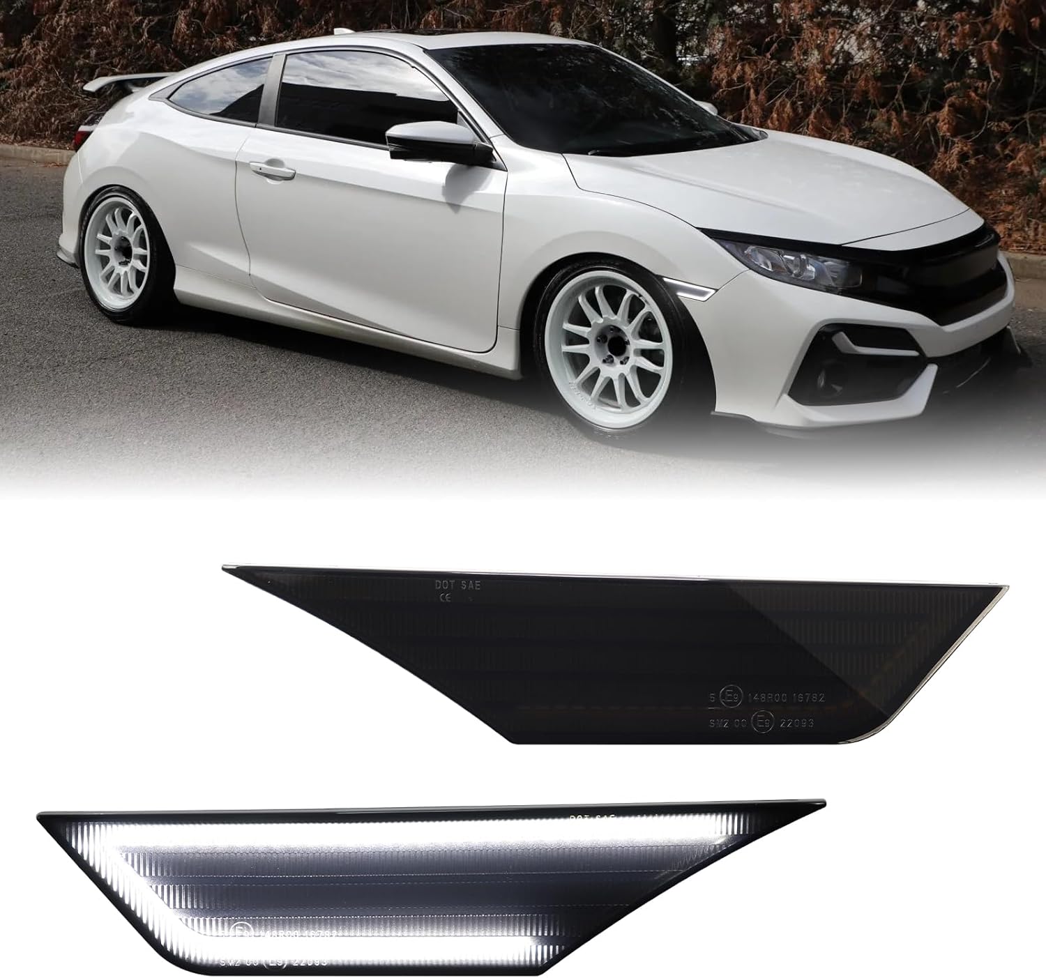 Smoked Lens White LED Side Marker Lights for Honda Civic 2016-2021 10th Gen Civic Sedan Coupe Hatchback, Front Bumper DRL Reflector Running Lamps, 2PC