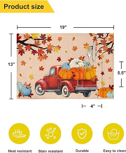 Miniatura 6 de Juego de 4 manteles individuales para mesa de comedor, diseño de calabazas rojas y de lino, de algodón, con bolsillo, mesa cuadrada o rectangular de