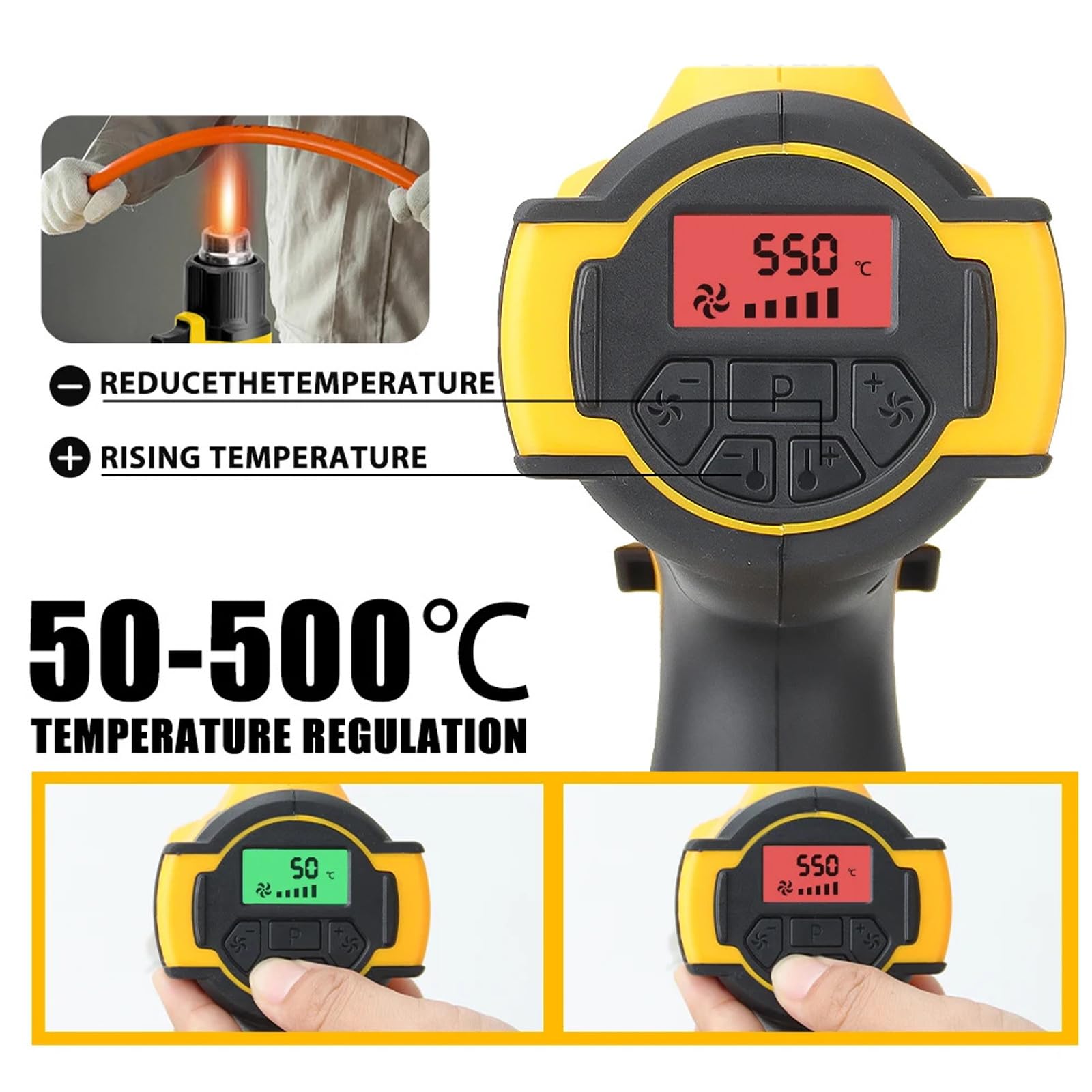Pistola de calor inalámbrica con 3 boquillas, control de volumen de aire de 6 velocidades, temperatura ajustable de 50 a 500 °C, calentamiento rápido para profesionales y proyectos de bricolaje