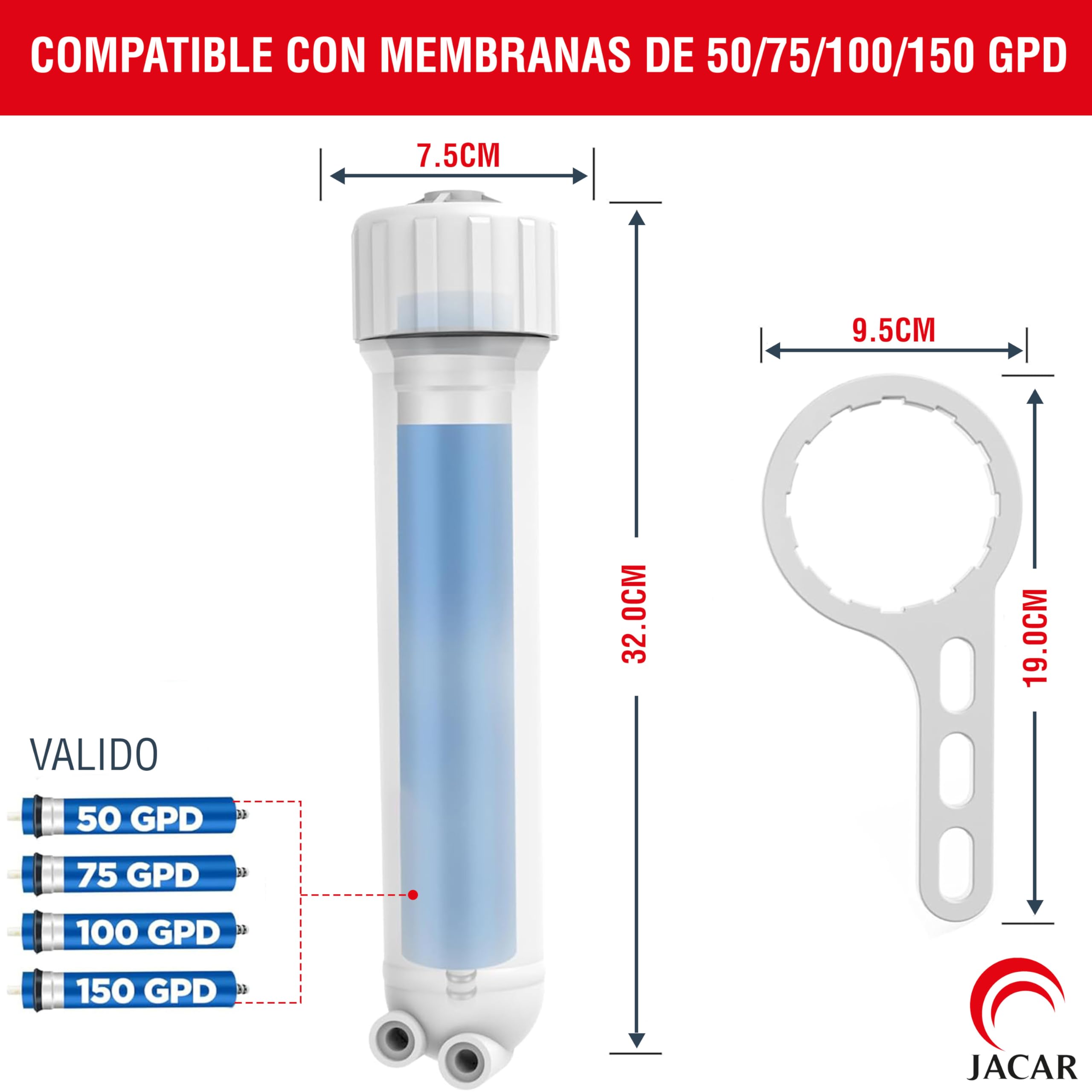 Support de membrane d'osmose inverse compatible avec les membranes 50 GPD et 75 GPD ; comprend une clé pour retirer les membranes d'osmose inverse JACAR.