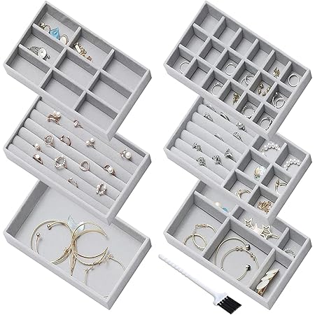 QWORK Schmucktablett Organizer 6-teilig - Samt Tabletts 21x12cm Stapelbar