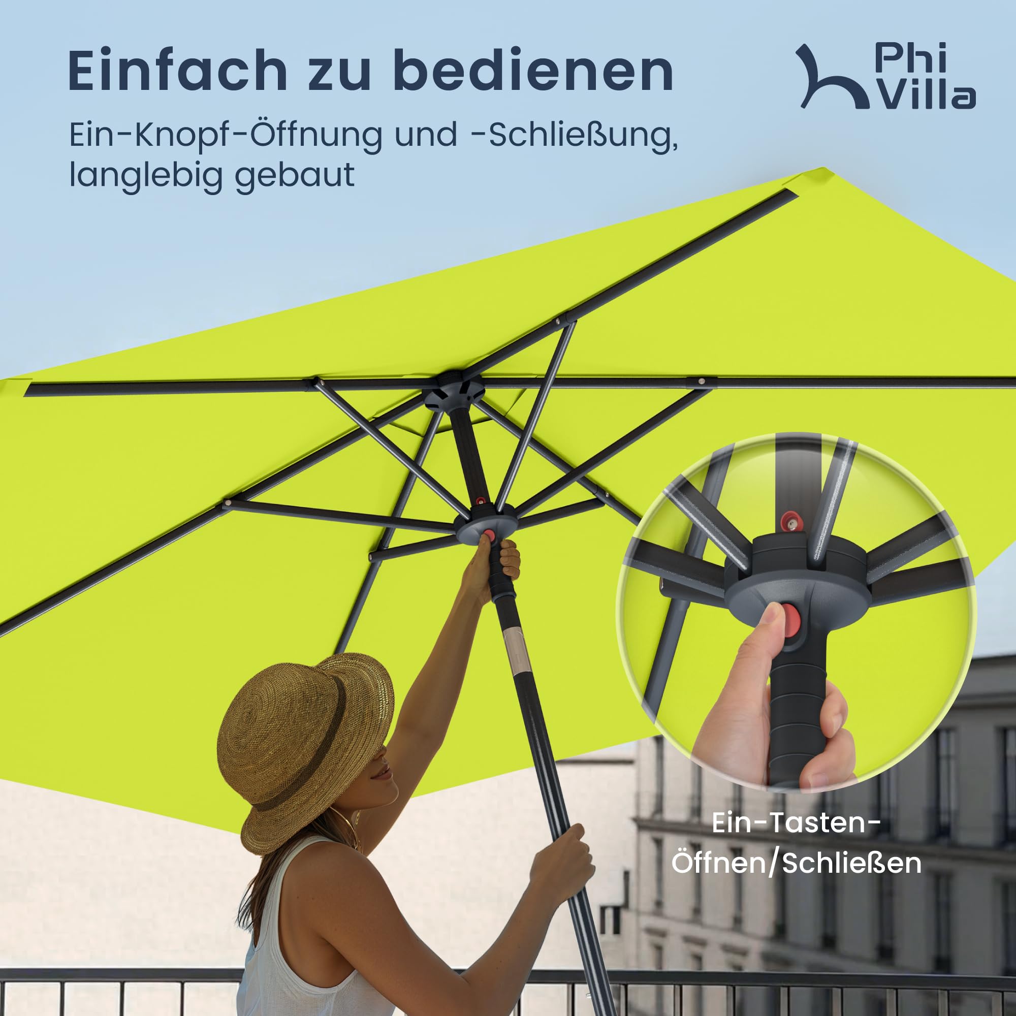 PHI VILLA Ø 230 x 220 cm Parasol rond avec pince Parasol de jardin inclinable coupe-vent stable à emporter Protection UV50+ pour balcon, terrasse, balustrade de balcon, table
