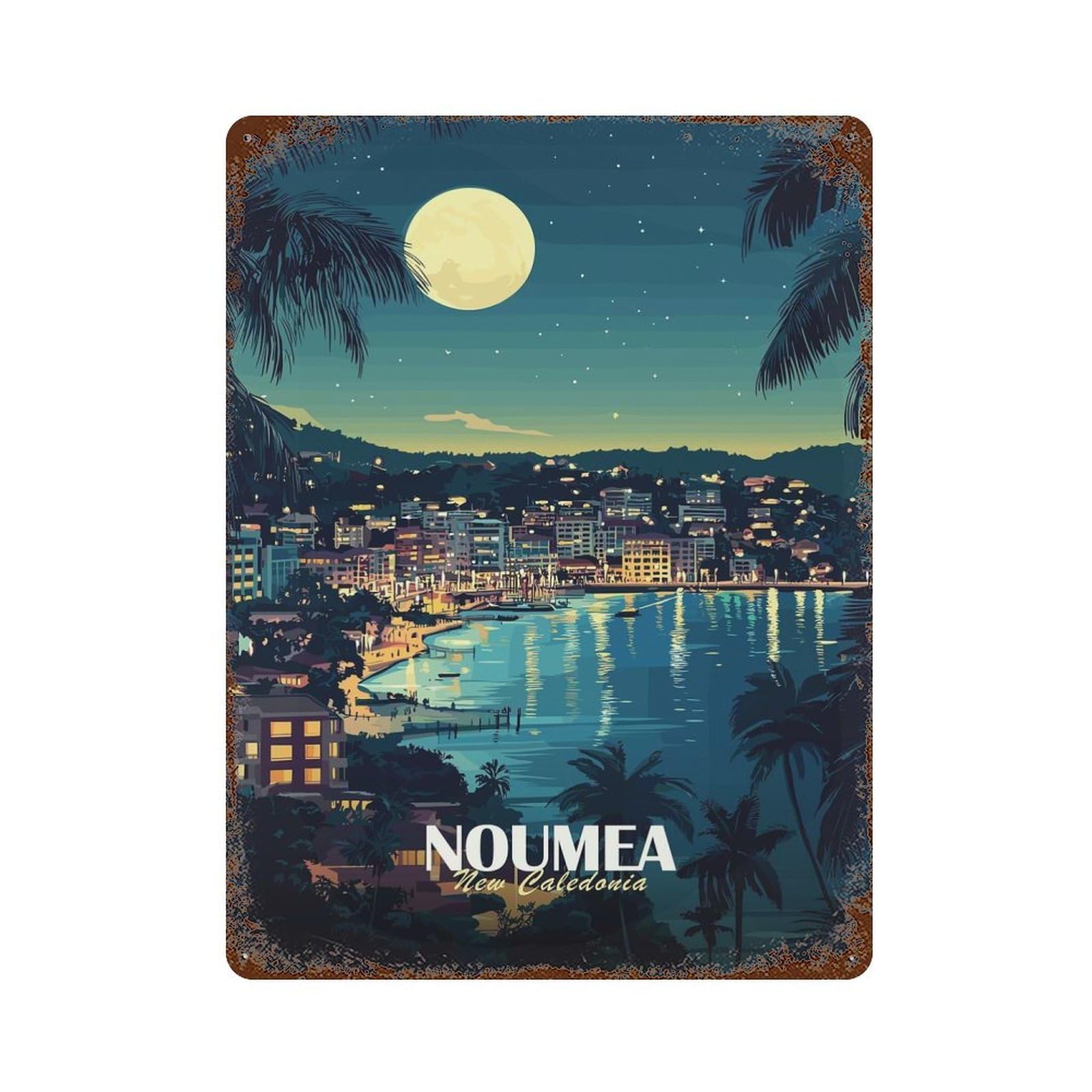 Rust Effect Noumea, New Caledonia Nightscape Illustration Aged Metal Wall Plaque 15.7"x11.8", Rustic Home Decor for Bistro, Counter And Cafe Decor
