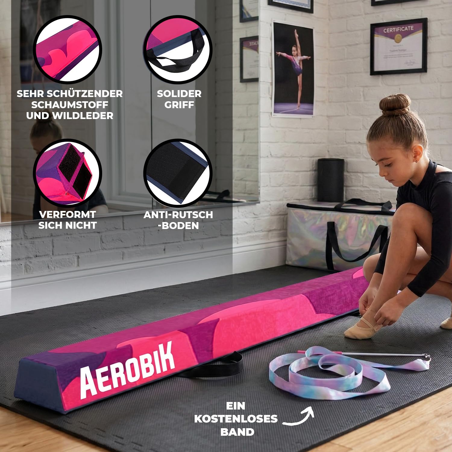 Aerobik | Klappbarer Schwebebalken 240 cm Violett | Stabil, rutschfest & Waschbar | Für Kinder & Erwachsene | Inklusive Gymnastikband | Original Corner