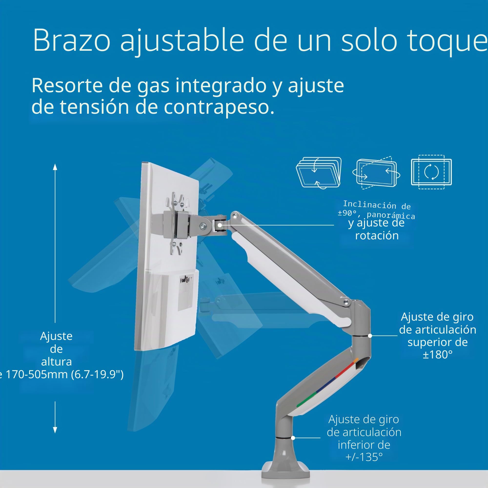 Kensington Brazo con Configuración VESA - Brazo para Un Monitor con Ajustes de Altura de Un Toque, Brazo para Un Monitor para Teletrabajo con Muelle de Gas, Gris (K55470EU)