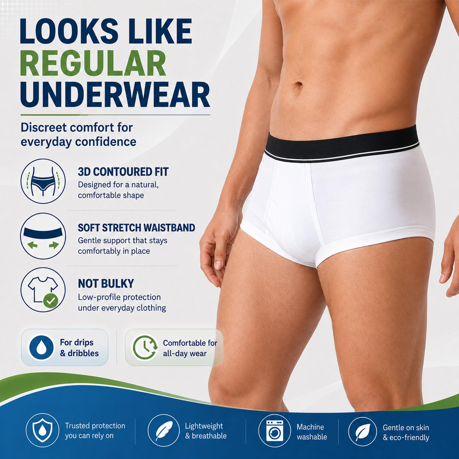 Ropa interior lavable para incontinencia para hombre, calzoncillos de algodón a prueba de fugas con bragueta, bragas a prueba de fugas urinarias delanteras y traseras, absorción de 150 ml