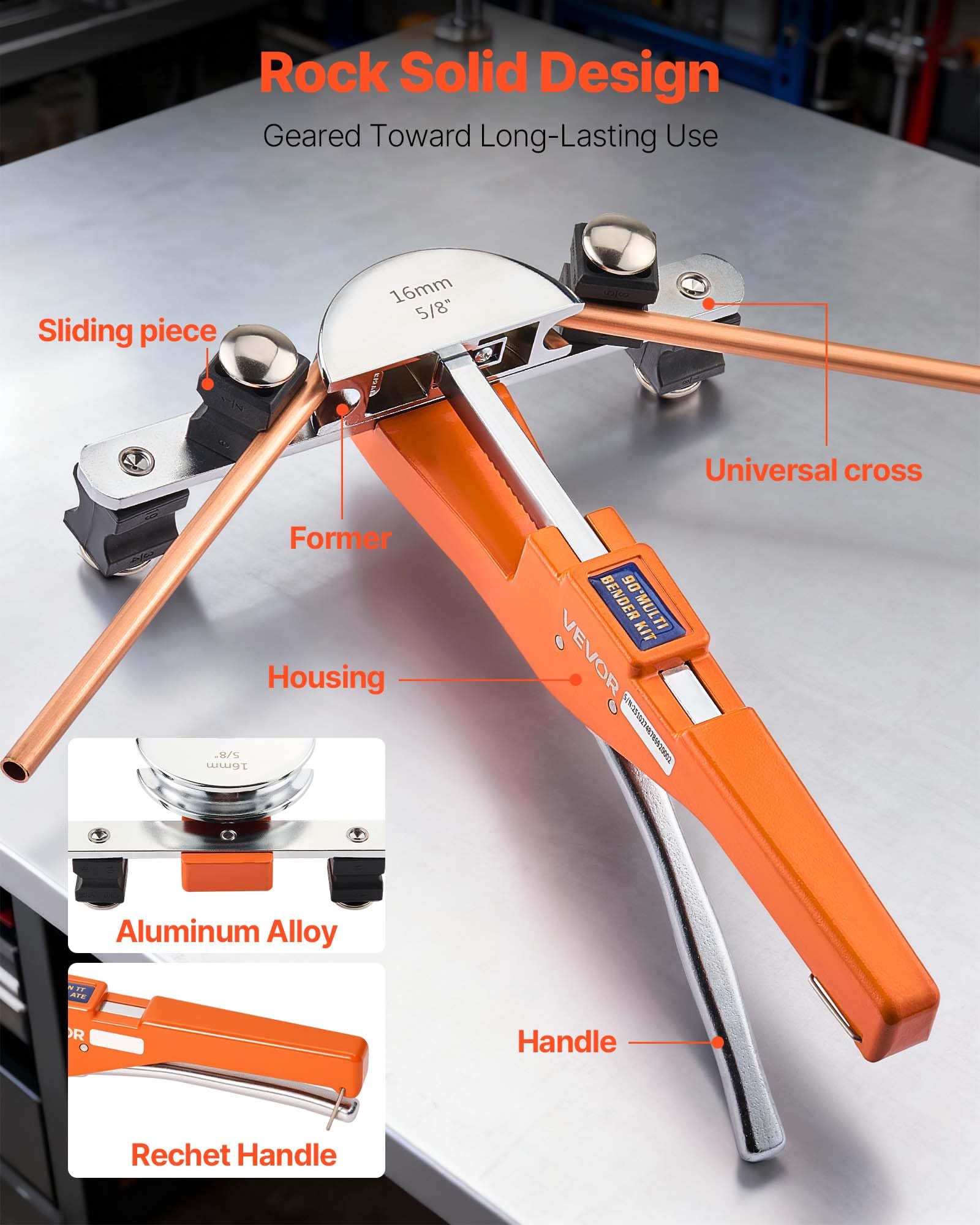 VEVOR Kit Piegatubi Pinza Piegatrice Manuale per Tubi in Rame Alluminio 6mm-22mm, Utensile per Piegatura a Cricchetto Manuale Spessore Compatibile 0,5-1,2 mm 7 Matrici per Manutenzione Impianti HVAC