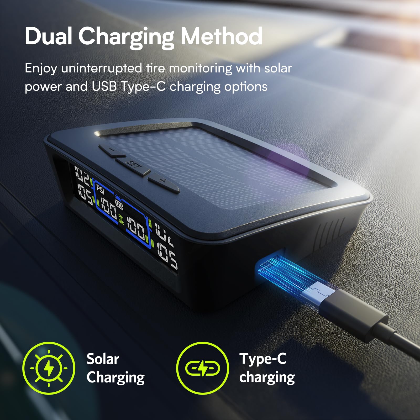 Tymate TM12 RV-Reifendruckkontrollsystem, TPMS mit USB/Solarladung, 2026 neueste Version, Set mit 6 Sensoren (max. 12), 6 Alarmmodi, 15,2 m Reichweite, 0-116 PSI für Wohnmobil/LKW/SUV