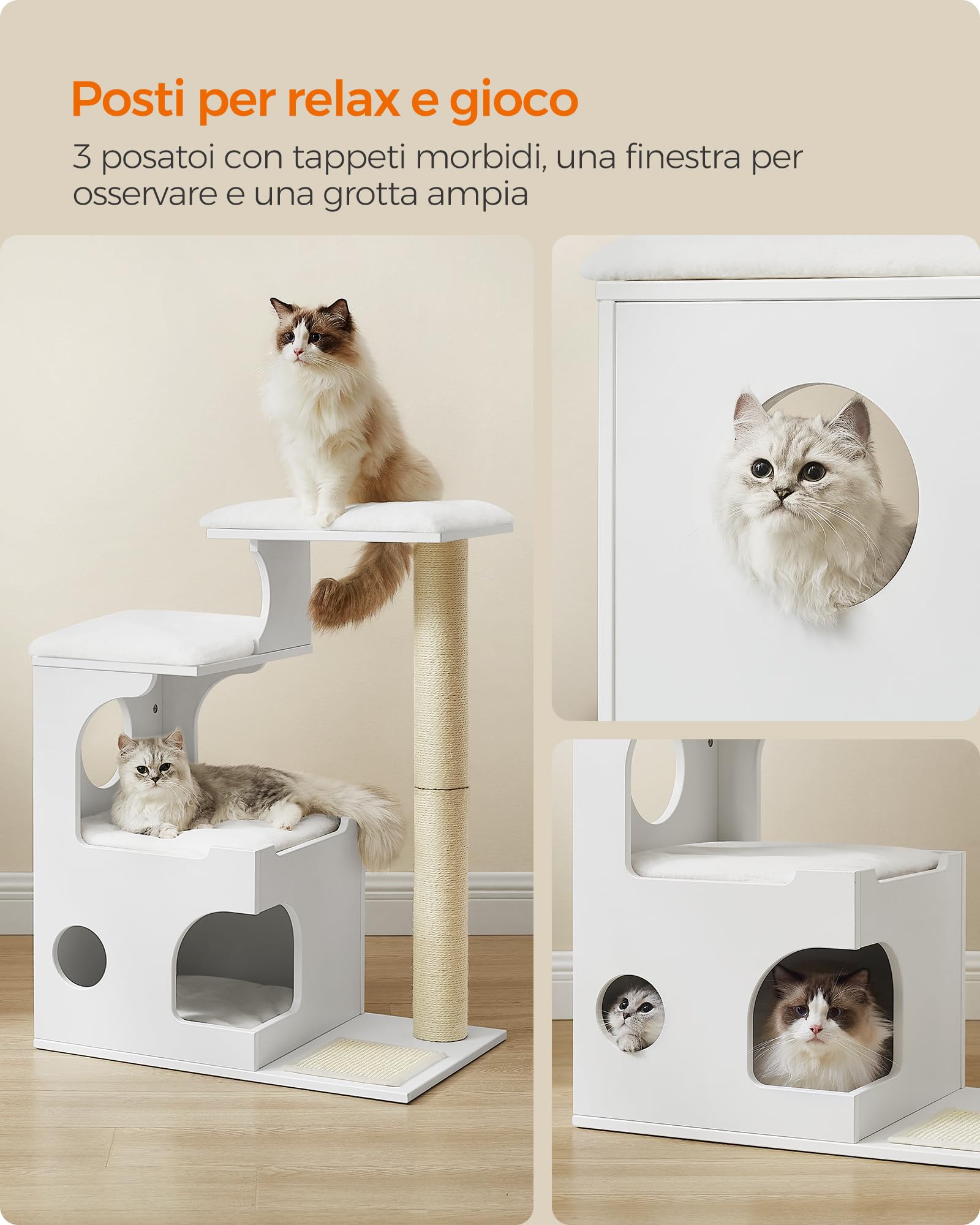 Feandrea Tiragraffi, Albero per Gatti di Truciolato Alto 86 cm, con Grotta, Posatoi, Colonna e Tappeto Graffiatoio in Sisal, Lavabili Tappeti in Pelliccia Sintetica, Bianco Nuvola PCT070W01