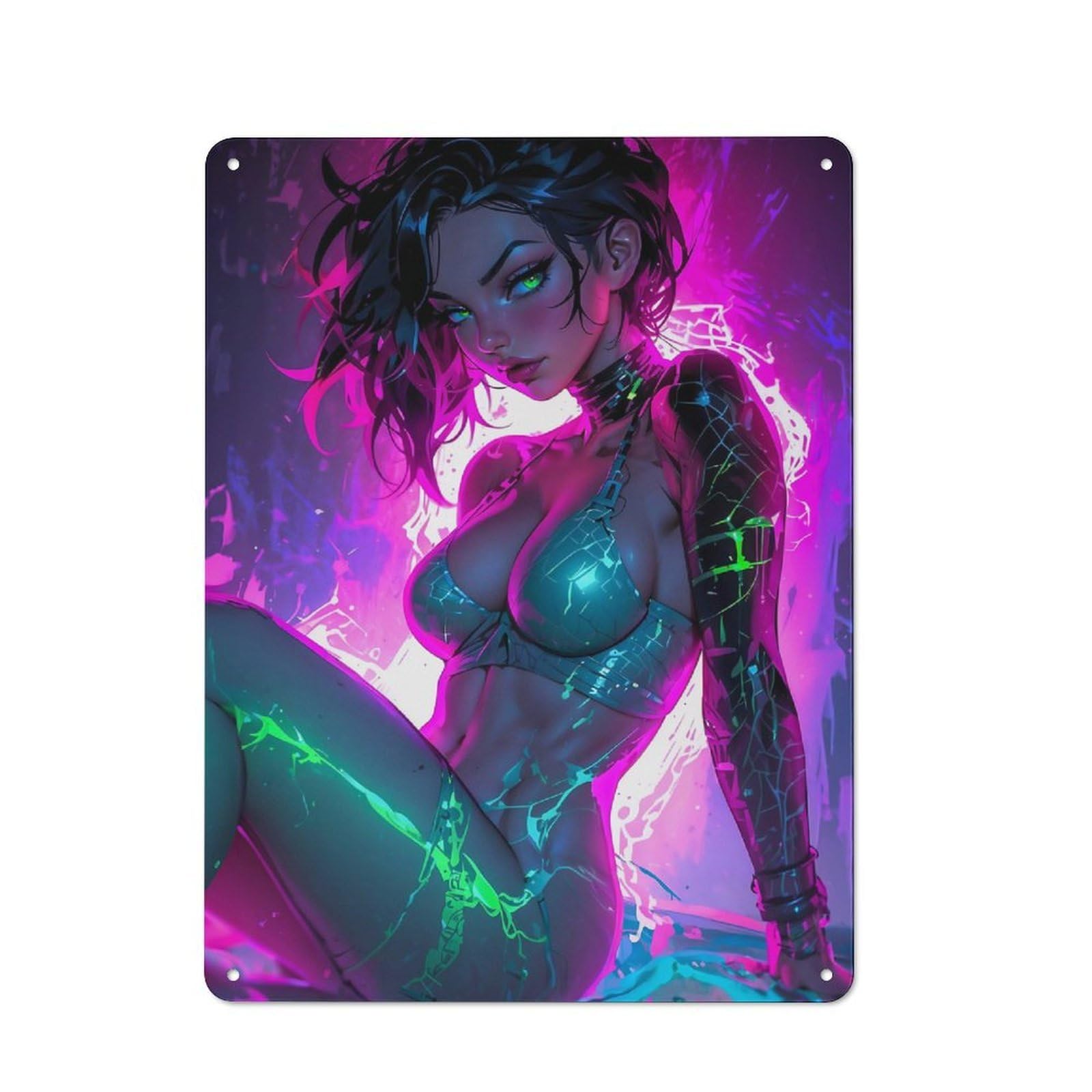 Retro Neon Green Woman Vintage Tin Sign 40x30cm, Retro Room Decor for Lounge, Study, Pub Or Wall Gallery