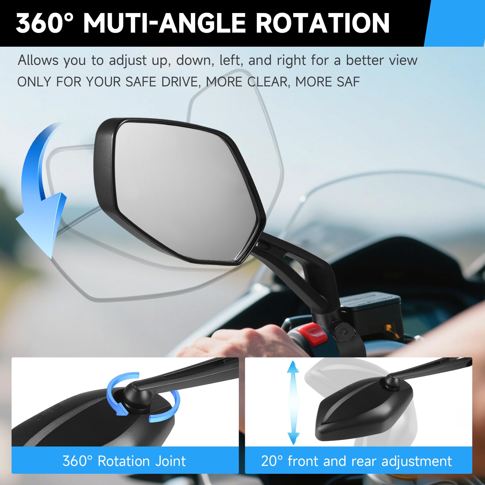 DoeDoefong Rétroviseur CNC Pour Moto E13 Homologué, 2 Rétroviseurs Carrés Pour Scooter, Rétroviseur Rotatif à 360°, Rétroviseur De Moto Avec Support, Pour Motos, Scooters, Véhicules Tout-terrain, VTT