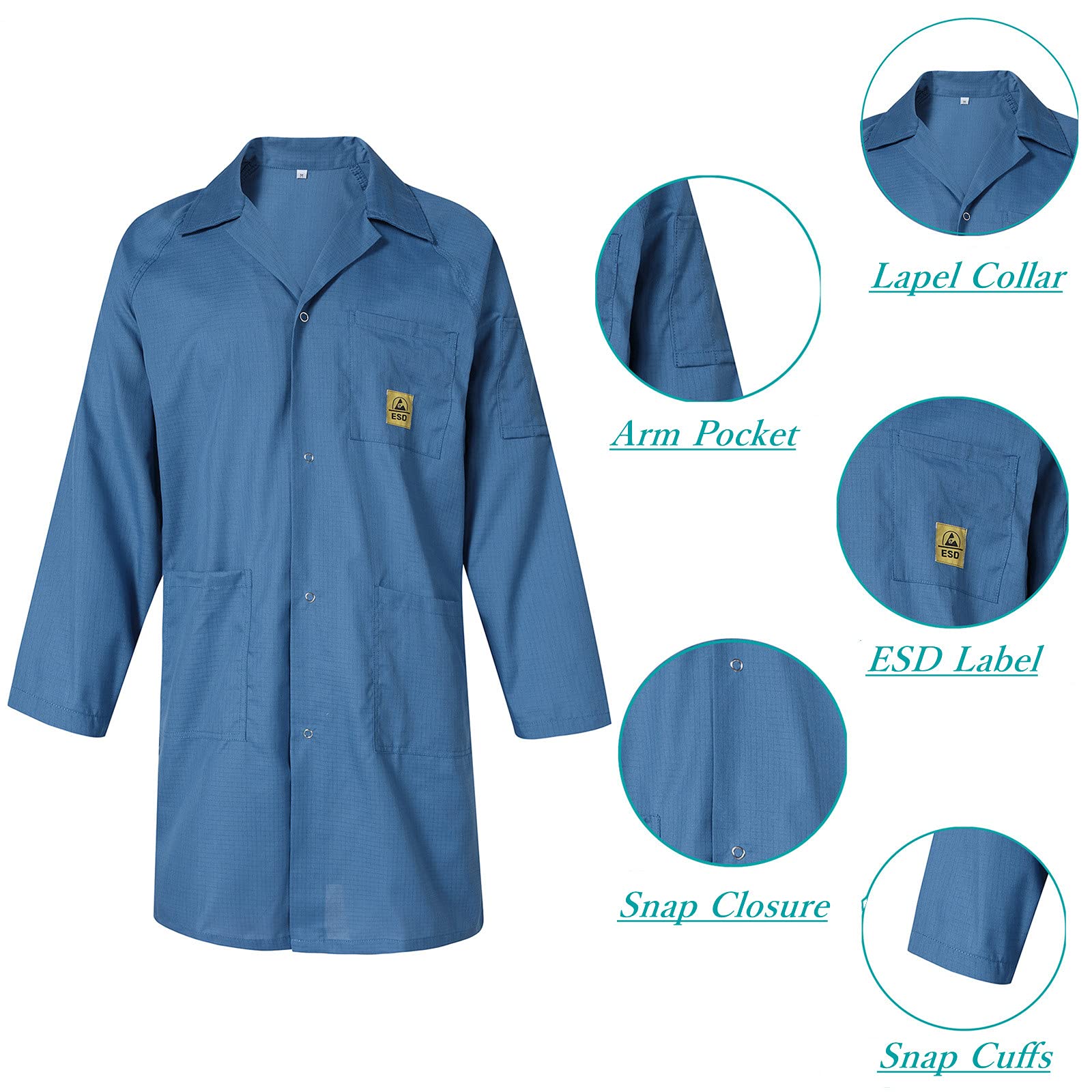 ESD Anti Static Lab Coat Lapel Collar Medical Jacket Smock Gown Non-Stretch Work Uniform for Men Women Navy