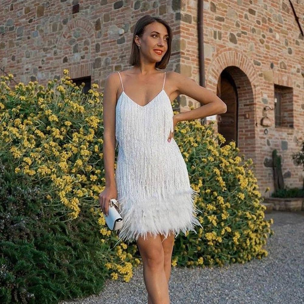 Vestido De Verano Elegante Sexy para Mujer, Vestido De Cóctel Escote En V Apliques Plumas Minivestido Lentejuelas, Vestidos Cruzado Tirantes Finos Vestidos Fiesta Sin Mangas Corte A