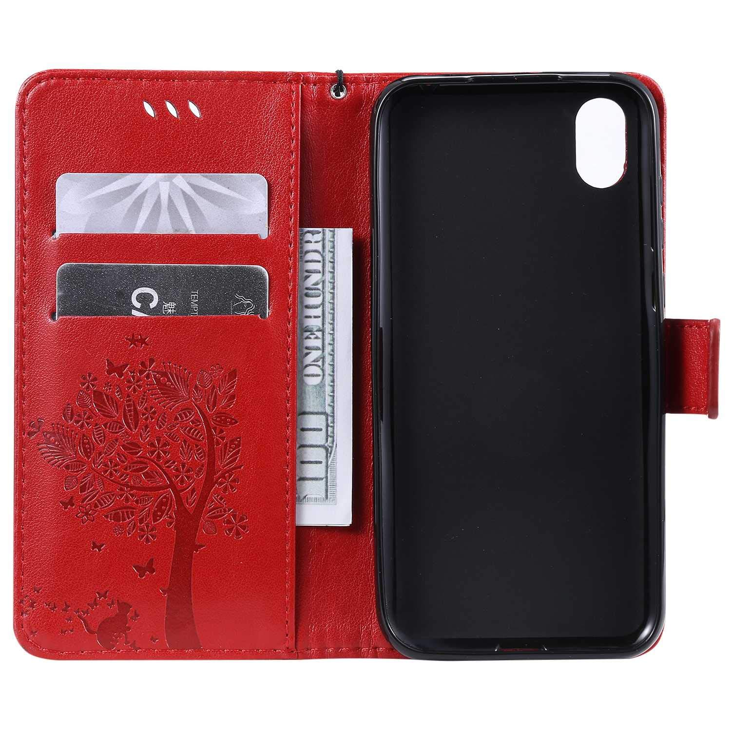 Conber Cover per Huawei Honor 8S / Huawei Y5 2019, Custodia in Pelle PU con TPU Antiurto, Serie Gatto e Albero Flip Case Cover Custodia Portafoglio per Huawei Honor 8S / Huawei Y5 2019 - Rosso - Vista 4