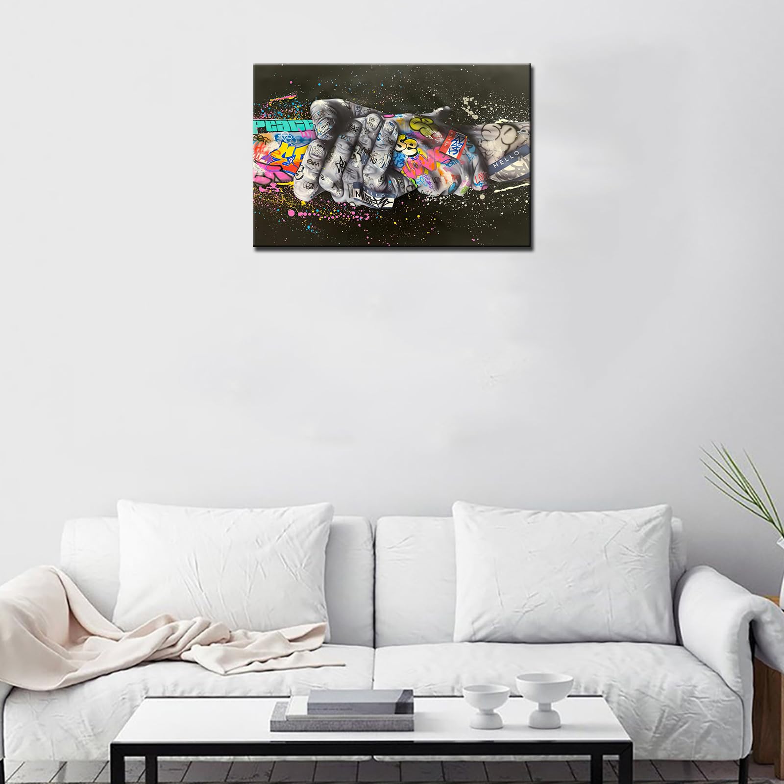 Hand Pictures Friendly Holding Hands Art Paintings Banksy Graffiti Artwork Peace Hand Wall Art 1P Living Room Home Modern Decor Wooden Framed Ready to Hang Poster and Prints(24''Wx16''H) - Image 4