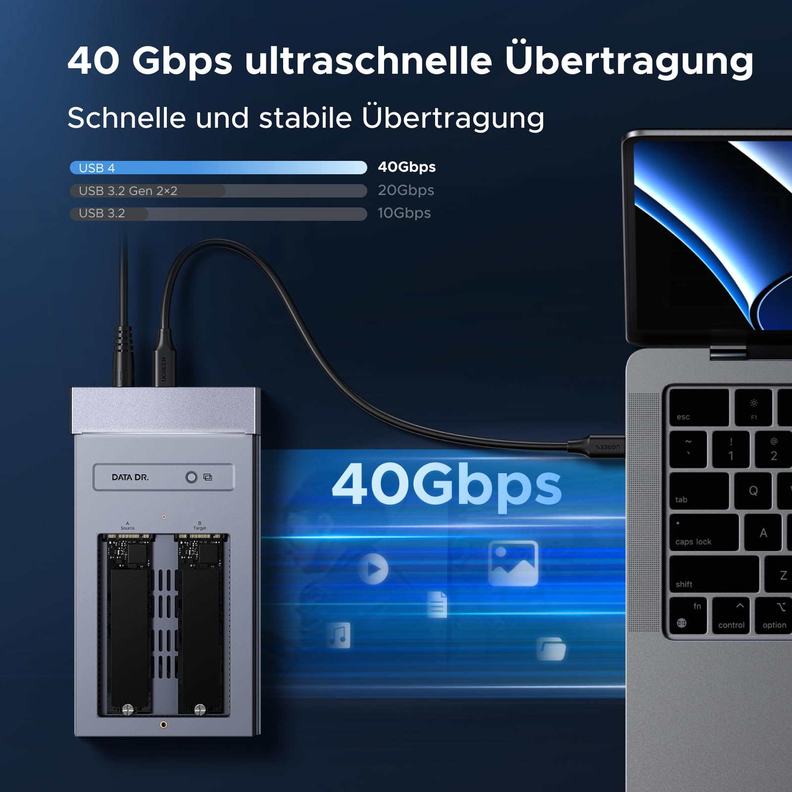 UGREEN 40Gbps Festplatten Dockingstation,USB4 Dual Bay NVMe Docking Station | USB4 NVMe Docking Station mit Kühllüfter,M2 NVMe SSD Festplattengehäuse mit Offline-Klonen und Software-RAID-Konfigurationen