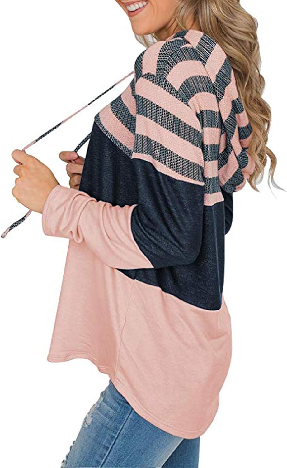 Alelly Women's pullover long sleeve stitching casual hooded sweatshirt pocket