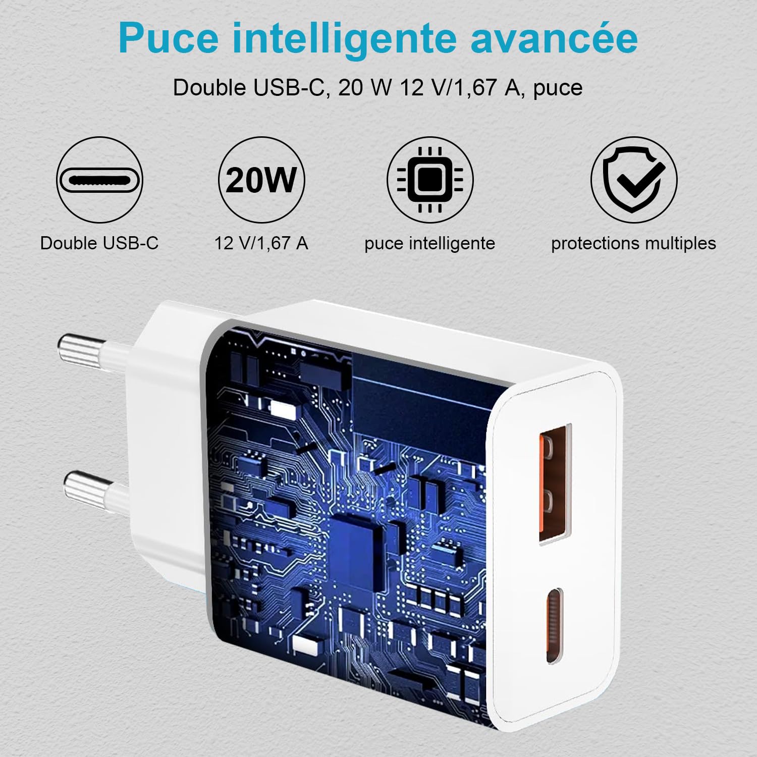 Ładowarka USB C do iPhone'a 17/Pro Max/17 Air, iPhone'a 16/16e/15 Plus, iPad, 2-portowego Samsunga Galaxy S28 o mocy 20 W, szybka ładowarka sieciowa typu C z kablem USB A/C do USB C o długości 2 m