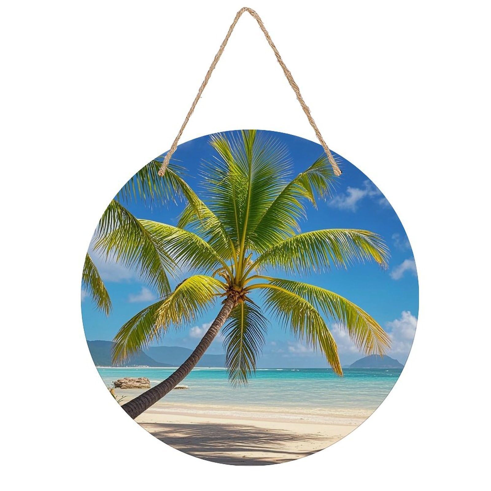 FekiLoot Round Tropical Palm Tree Wall Art Decor Painting Wooden Hanging Sign with Ropes Bohemian Wall Hanging Retro Mid Century Modern Wall Art for Home Bedroom Living Room 7.9x7.9 in