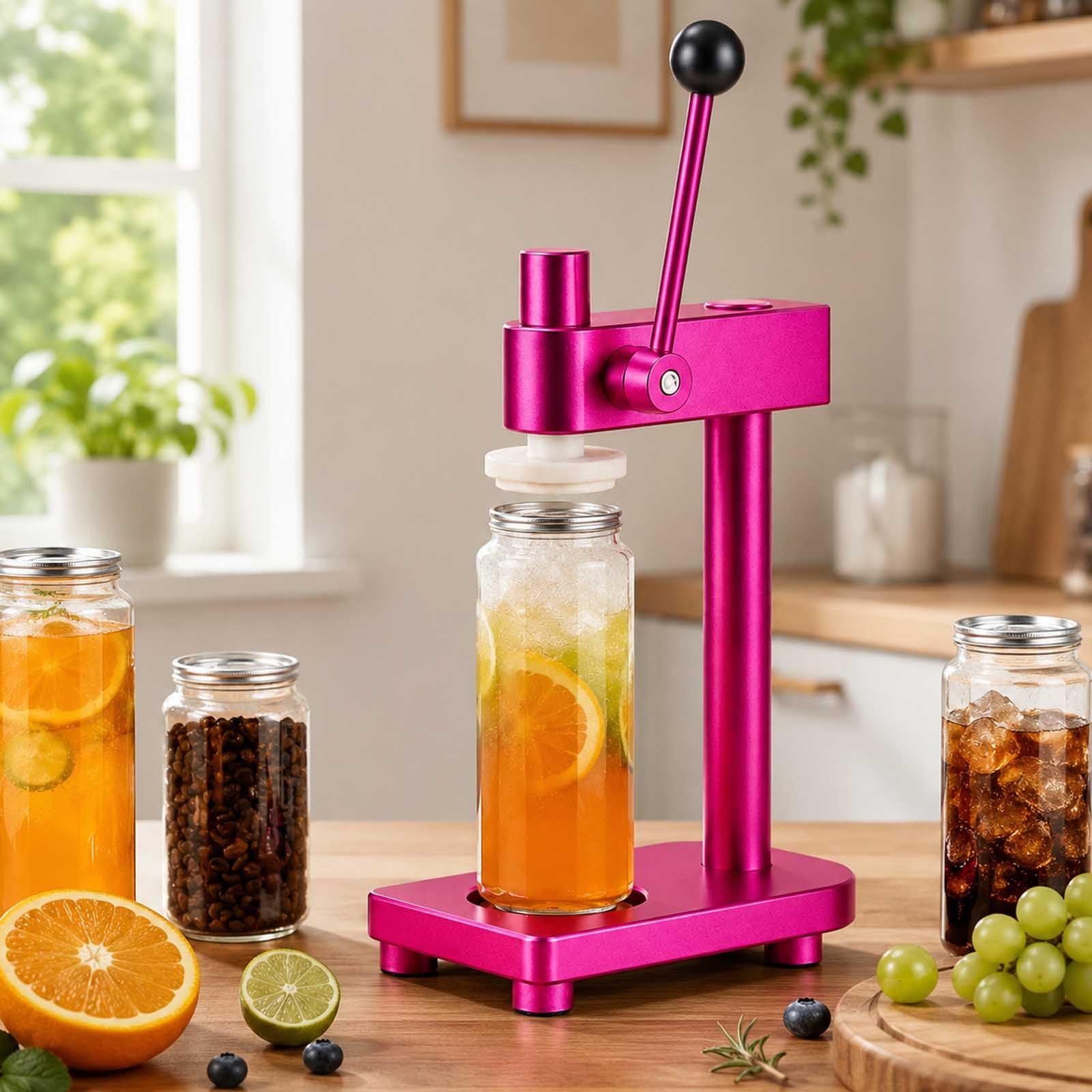 aromaoveite Manual Can Sealer Machine With 100 Pet Bottles, Aluminum Alloy Hand Can Sealing Machine For 2.2" Cans, Adjustable Manual Soda Can Sealer For Beer, Soda, Juice,Coffee Pink