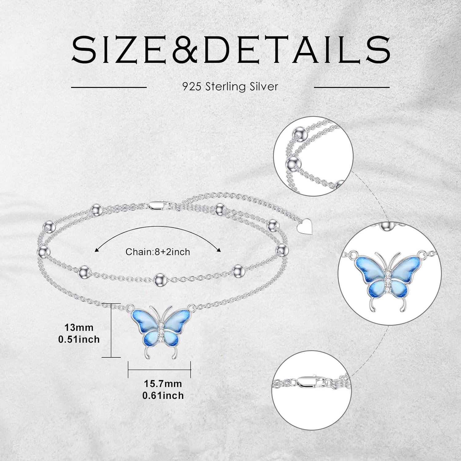 Diamond Butterfly Anklets 925 Sterling Silver Blue Buttefly Double Layer Anklets Bracelet Jewelry Gifts for Women Daughter Friends, 9'' + 2'' - Image 6