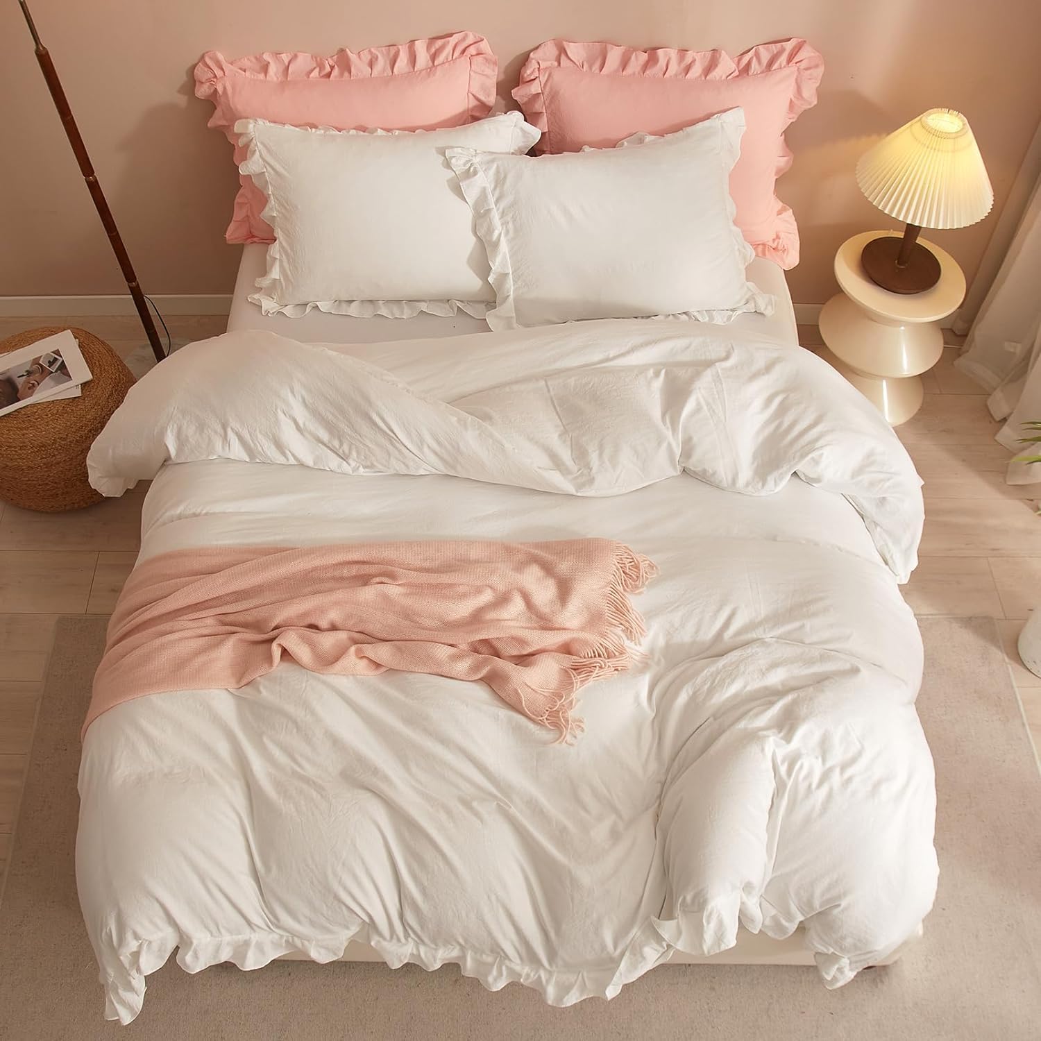 Freyamy Kissenbezug 40x80cm 2er Set Weiß Rüschen Romantisch Mädchen Kopfkissenbezug Gewaschene Microfaser Weiche Kissenhülle Unifarben Plisseefalten Chic Kissenbezug mit Reißverschluss