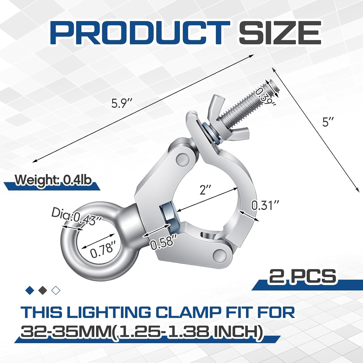 Pelopy 2 Pcs Heavy Duty 1.25 Inch Truss Clamp with Eye Bolt for 32-35mm Truss Tube/Pipe, Aluminum Stage Light Clamps for LED Video Wall and Lighting Mounting