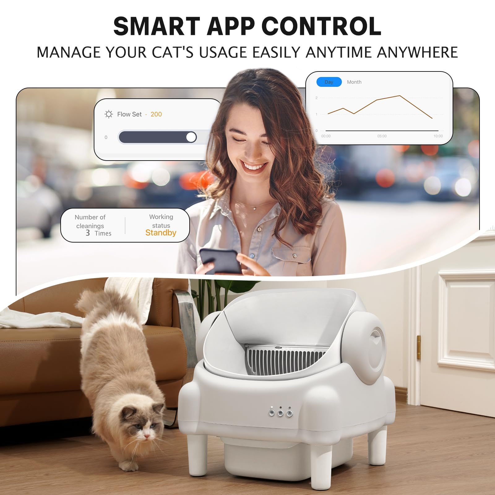 Self Cleaning Litter Box,Open Top Automatic Litter Box with App Control for Multiple Cats, Safety Sensors Protection, Odor Control Includes 2 roll Liners,Large Waste Bin, Cream White