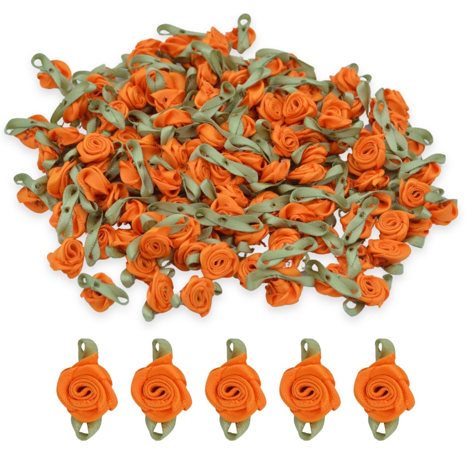 celloexpress 15mm Orange #16 Satin Ribbon Roses with Green Leaves - Small Flower Buds - Crafts, Embellishments (Pack of 50)