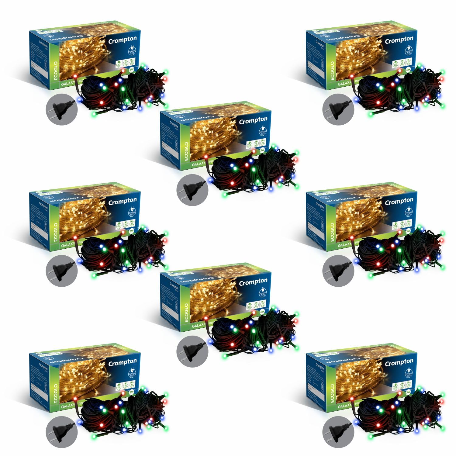 Crompton Galaxy Pixel Light | Festive Ladi Lights | 10 Meter | 48 LEDs | Multi-Colour | Pack of 8 | Direct 2-pin Plug | BIS Safe Wire | for Home Decoration, Diwali, Festival, Birthday, Marriage