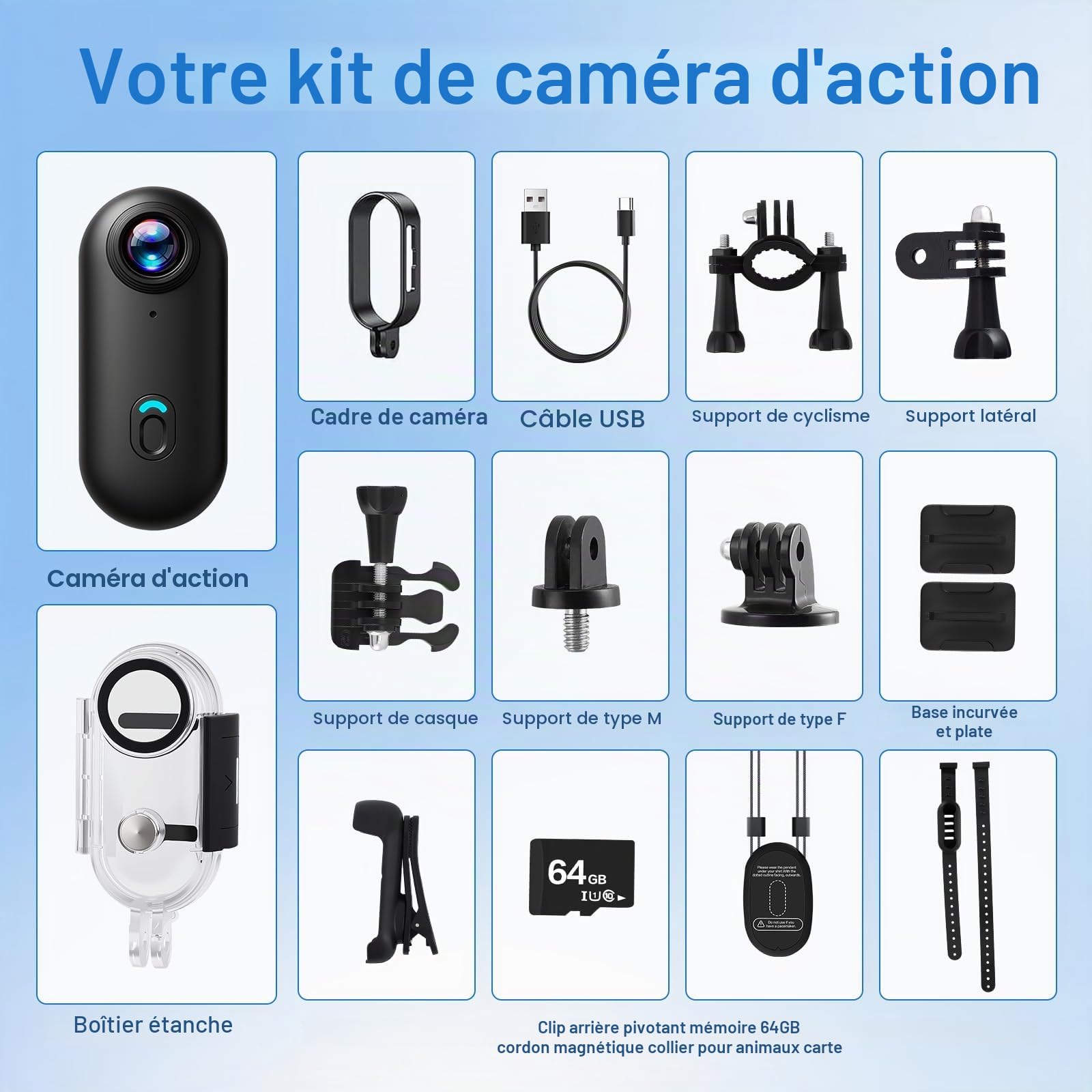 Mini Caméra Sport avec 64GB, Camera 1080p avec Audio et Vidéo, Magnétique et Pince 360°, 120° Grand Angle Action cam Corporelle étanche avec Casque de Moto 13 Multifonction Accessoires