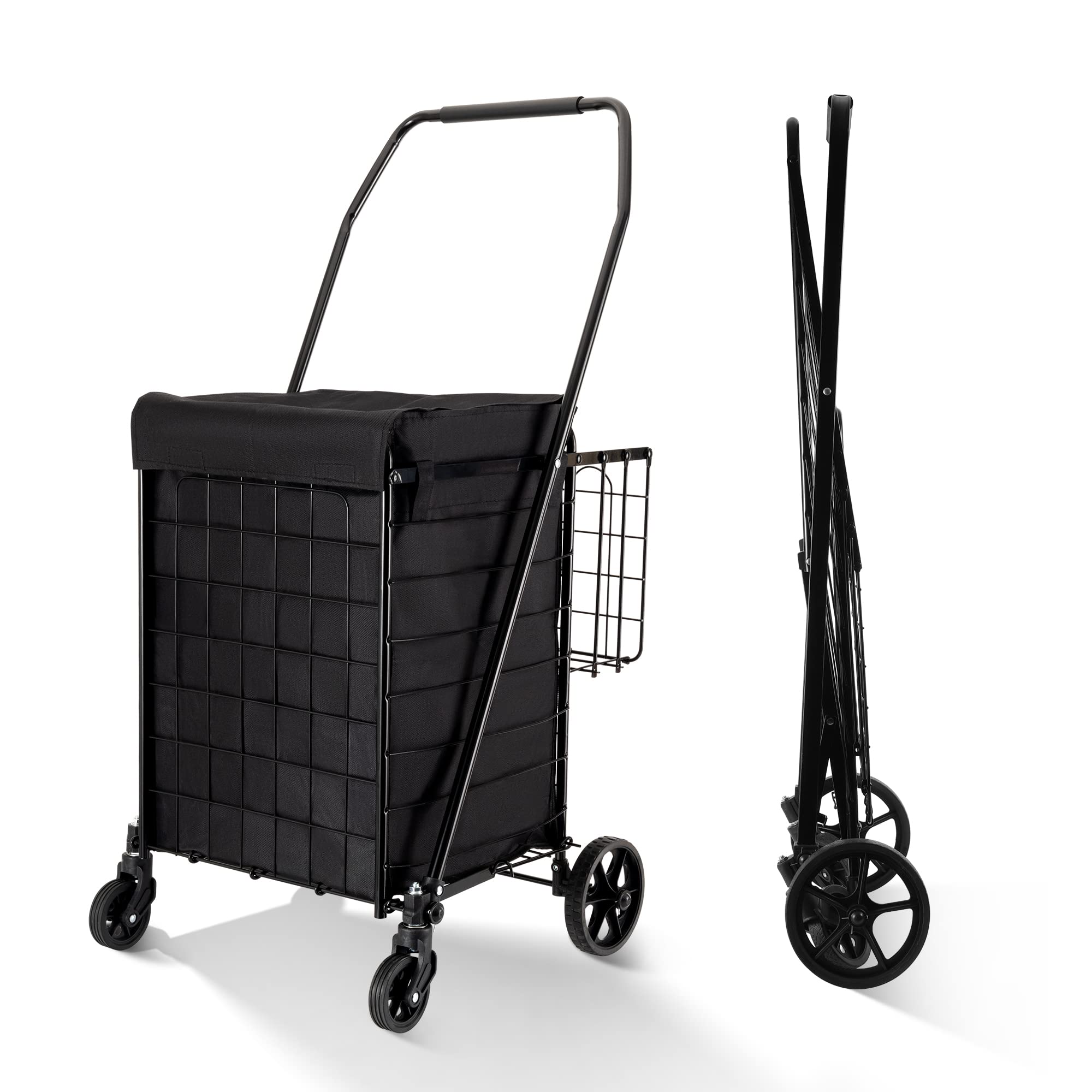 Sponsored Ad - Folding Shopping Cart with Waterproof Liner, Grocery Cart Large Bag with Top Cover, 200 Lb Capacity, Utility Cart with 360° Rolling Swivel Wheels, Medium & Extra Basket