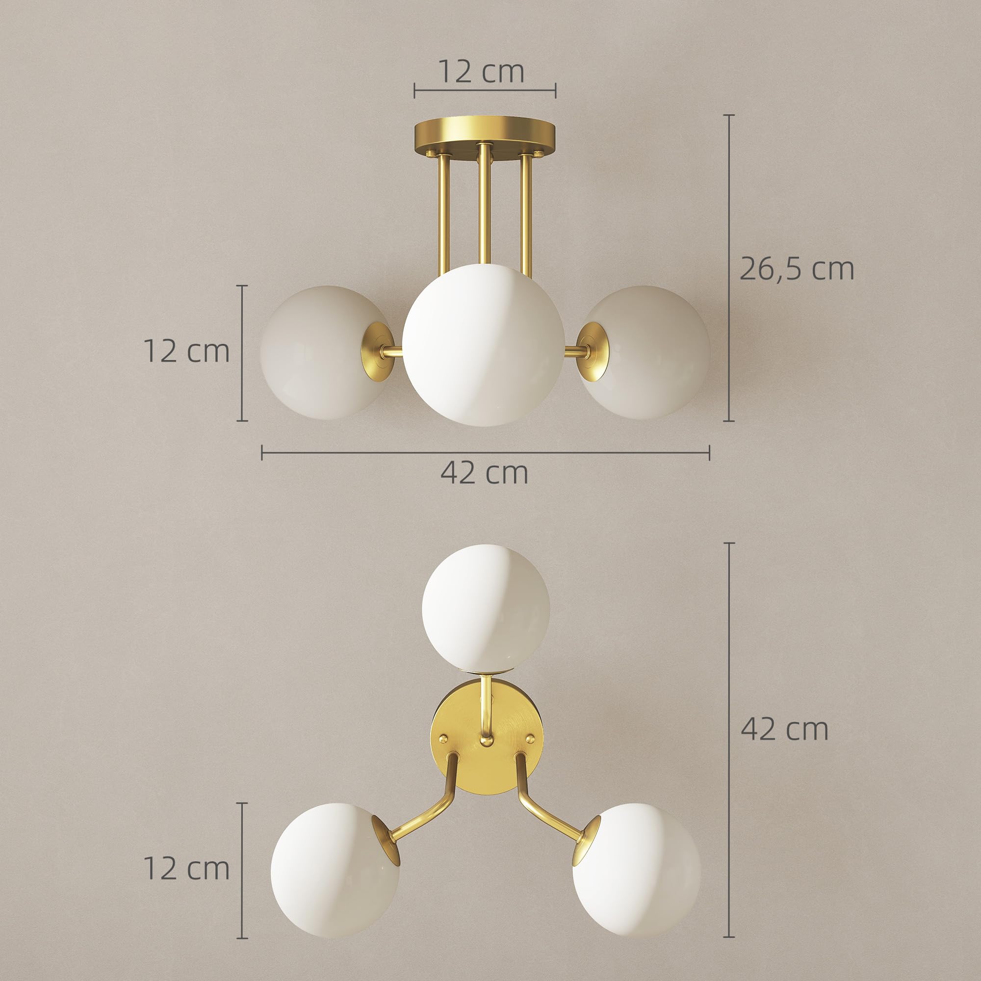 HOMCOM Plafonnier LED 25W Plafonnier 3 Lumières Globe Doré | Douilles G9, Lampe de Plafond Moderne, pour Salon, Couloir, Salle à Manger, Cuisine