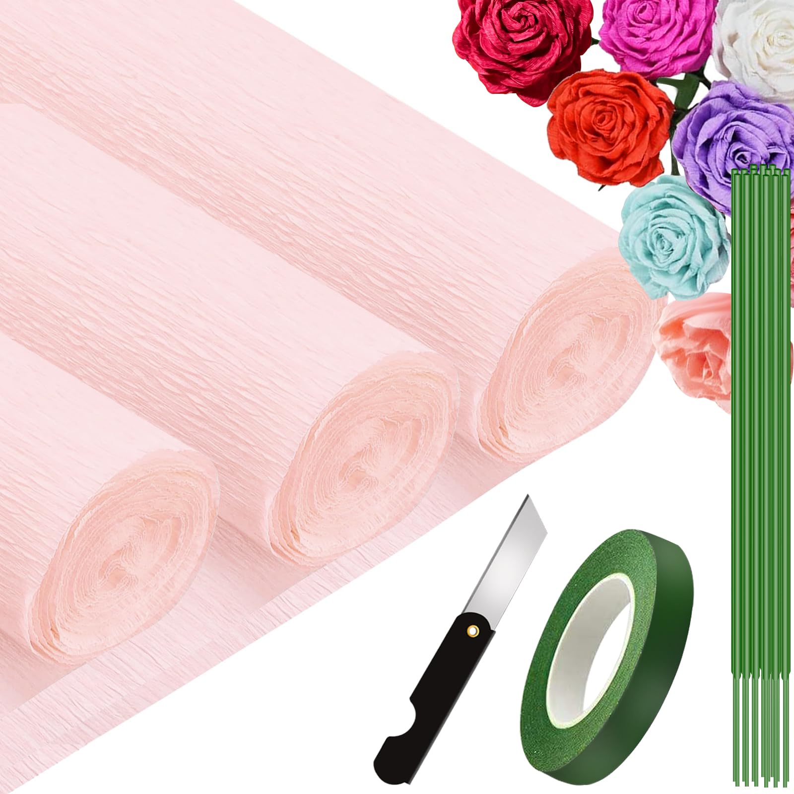 6 Rouleaux De Papier Crépon 25x250 Cm Avec Tiges Florales Et Attaches - Kit Complet Pour Fleurs Et Décorations DIY