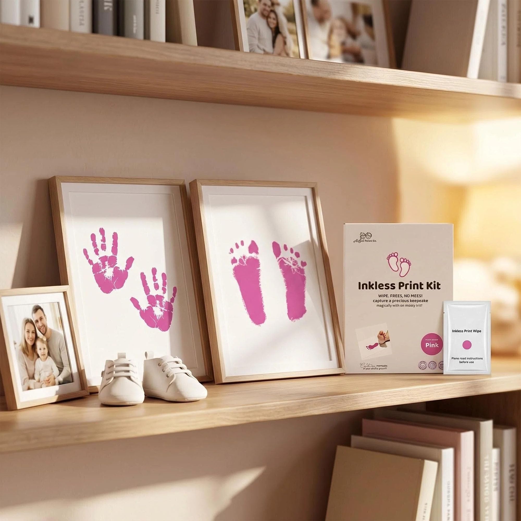 Kit Empreinte Bébé Pieds et Mains Clean Touch Encreur Sans Kits Nouveau-Nés avec 1 Cadre Photo Rose