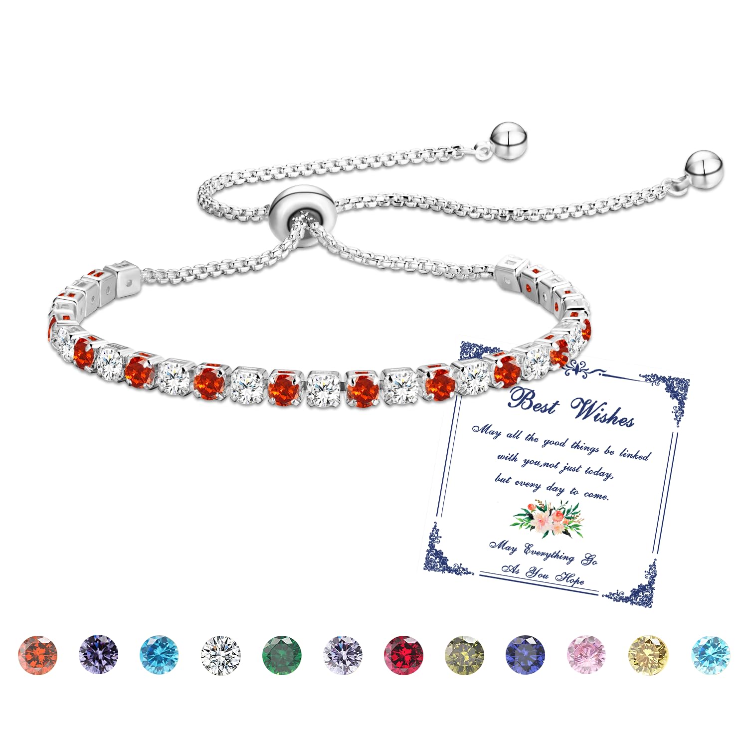 Esmoly Bracciale Donna Argento Bracciale Tennis con 12 Colori di Pietre Natali e 5A Sparkle Zircone Regolabile Regalo Compleanno Donna Ragazza