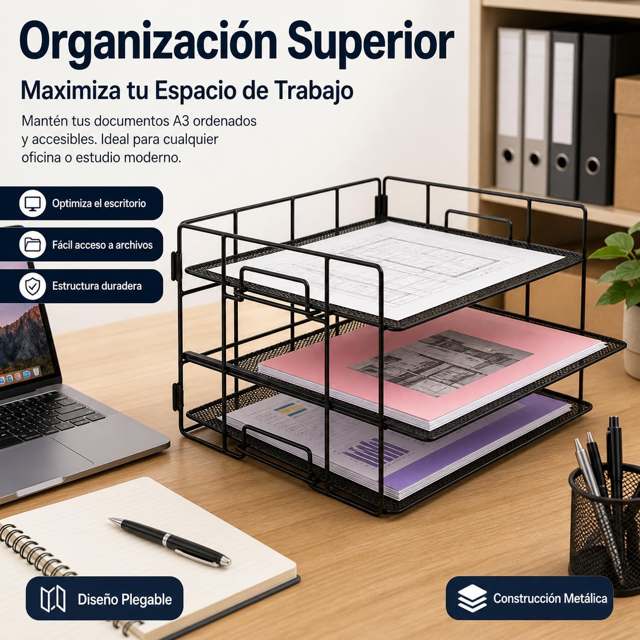 Stapelbare Ablagefächer, Metall Briefablage A4, 3-lagige Dokumentenablage für Büro Office, platzsparend 45x32x32cm, White
