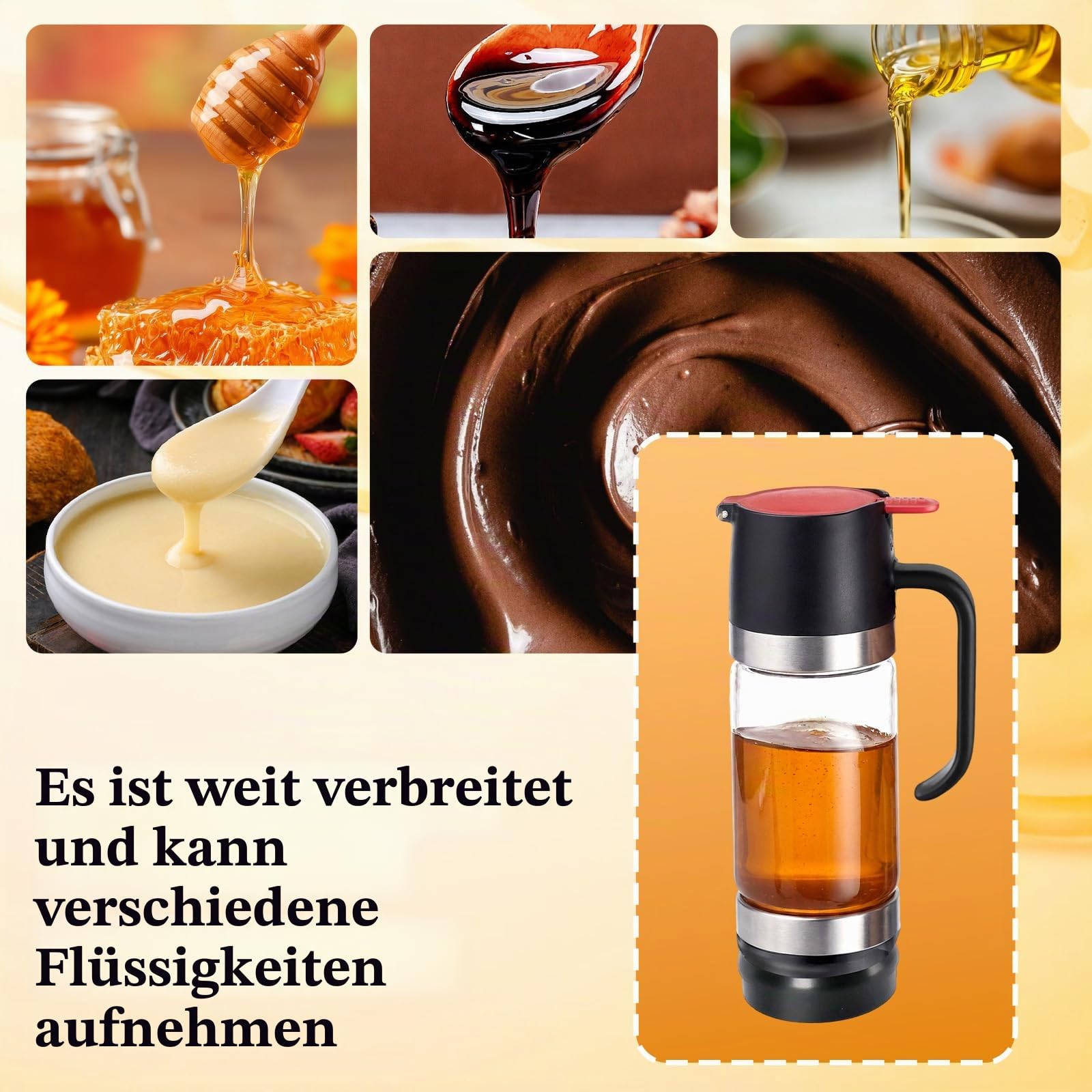 350Ml Honigspender Glas Honigspender Honigdosierer 12 Ounces Tropffrei Sirupspenderglas mit Henkel für Honig, Sirup, Ahornsirup, Marmelade, Kaffee und Tee