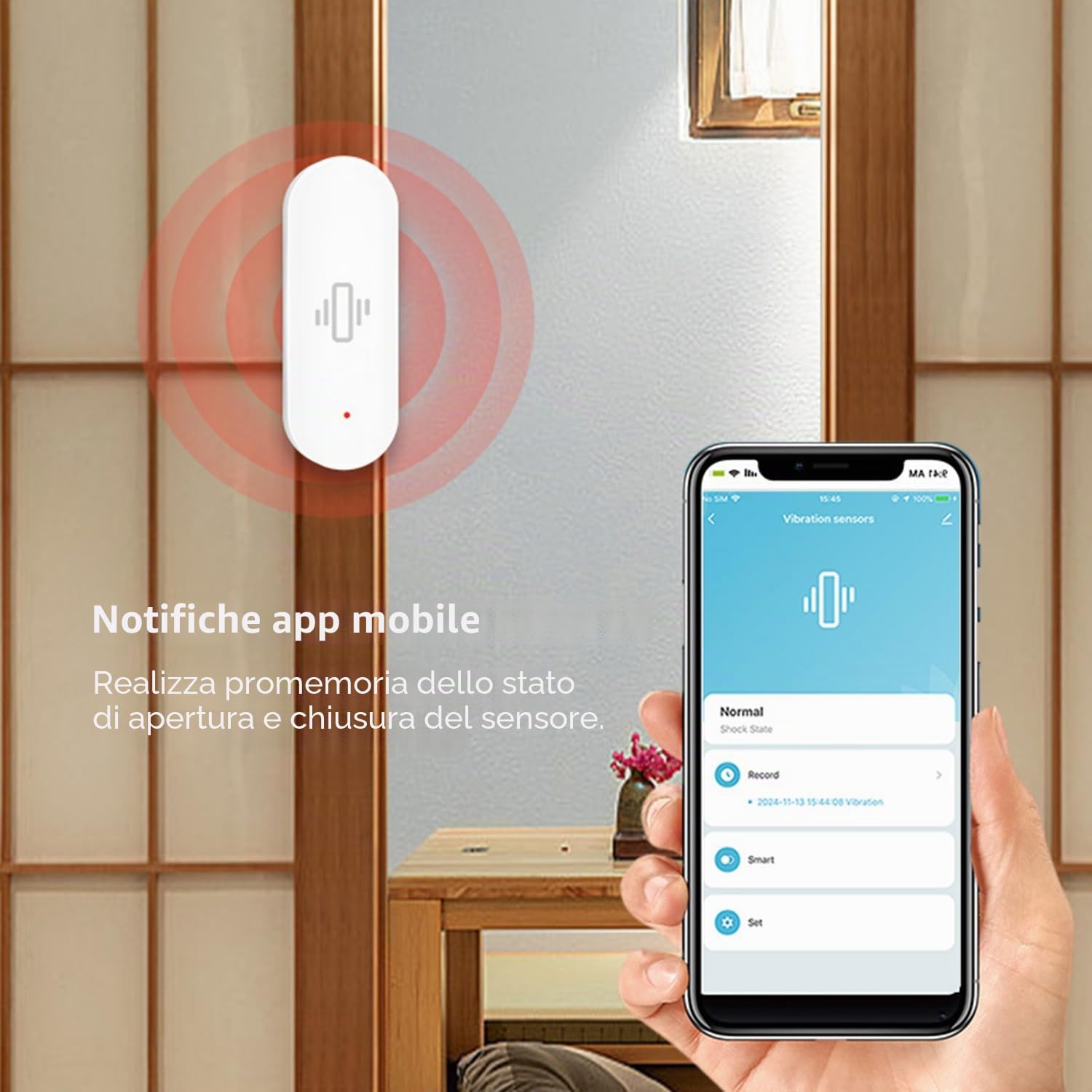 Sensore di vibrazione intelligente: rilevatore di rottura del vetro wireless, sensore di porta WiFi con allarmi app, sensibilità regolabile, sensore di sicurezza per sistema di allarme -2Pack