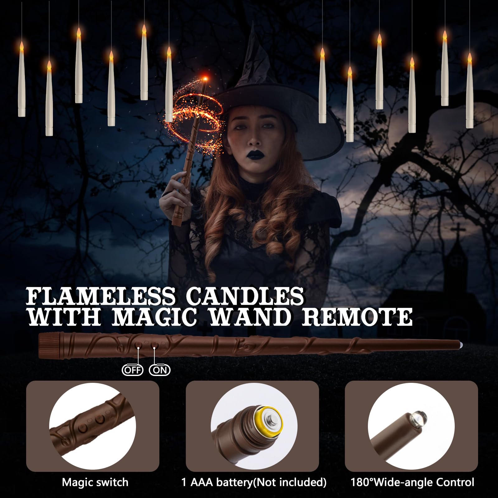 Velas flotantes con control remoto de varita, 20 velas mágicas colgantes de Halloween, velas parpadeantes sin llama con calcomanía de bricolaje, decoraciones de Halloween, regalos para interiores y