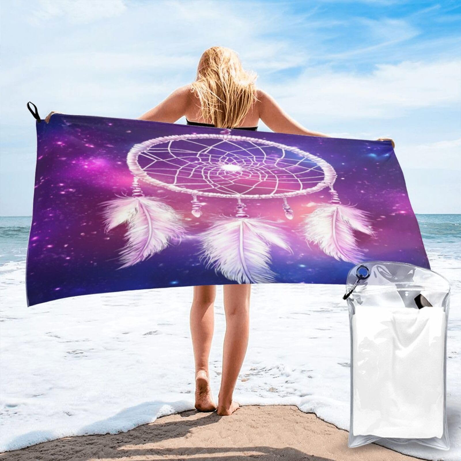 Anceky Dreamcatcher with White Feathers, Cosmic Background Quick Dry Microfiber Travel Towel with Carry Case and Carabiner 27.5"X55"