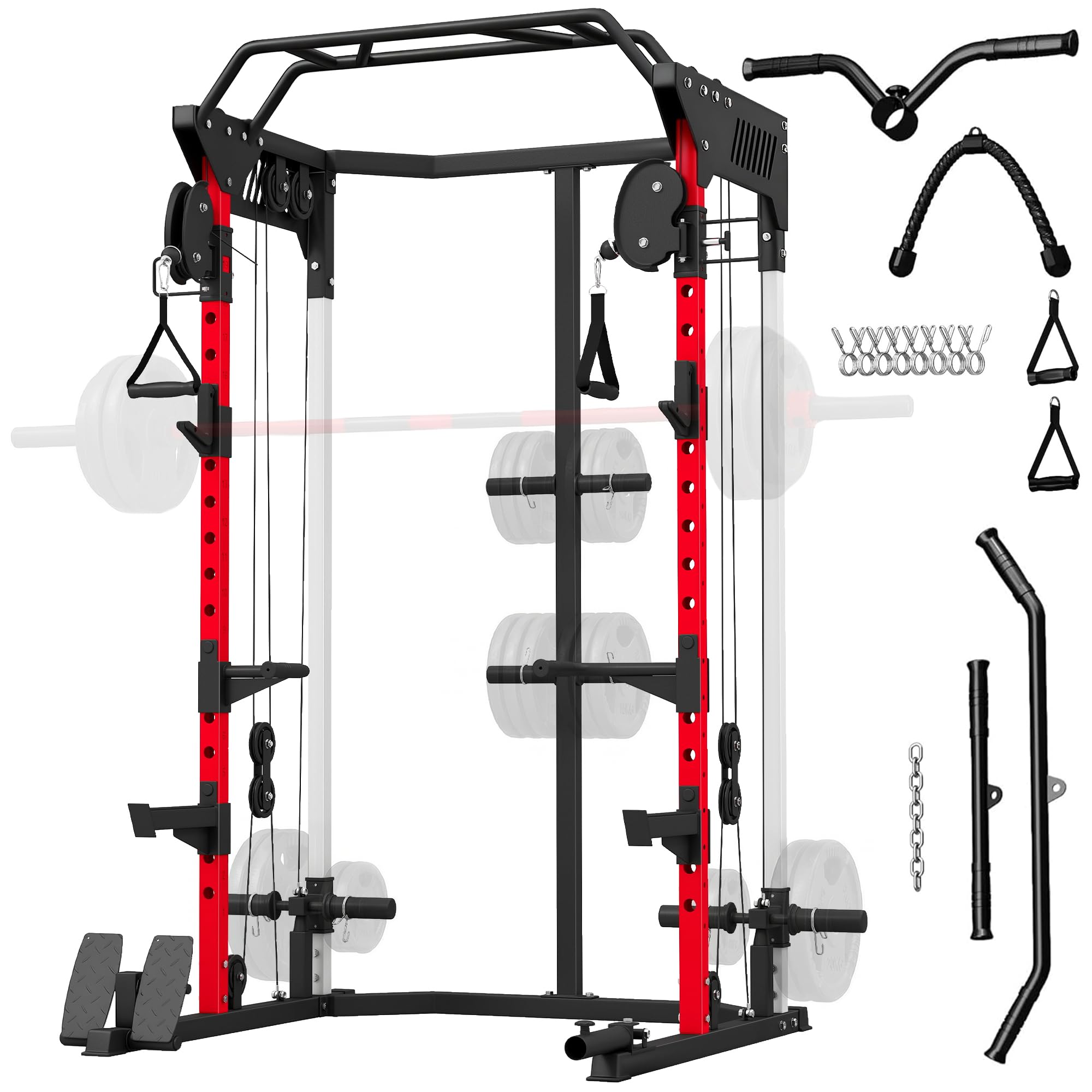 SPORTNOW Stazione di sollevamento Power Rack 900 kg - Gabbia per squat con doppia puleggia regolabile a 19 livelli - Home Gym Completo per allenamento di forza, con tiraggio Lat e accessori, nero