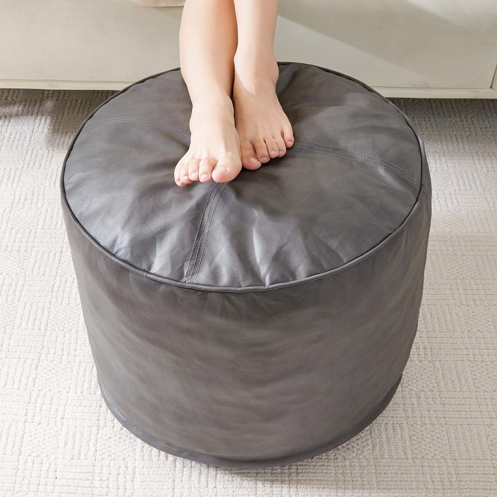 Photo 1 of ***NOT LEATHER IT IS FABRIC STOCK PHOTO FOR REFERENCE ONLY***
HIGOGOGO Round Stuffed Pouf Ottoman, Pu Leather Poufs with Foam Chunk Filling, Furry and Fluffy Pouf Foot Stool Storage Ottoman, 20 X 15 Floor Poufs Foot Rest for Living Room, Grey