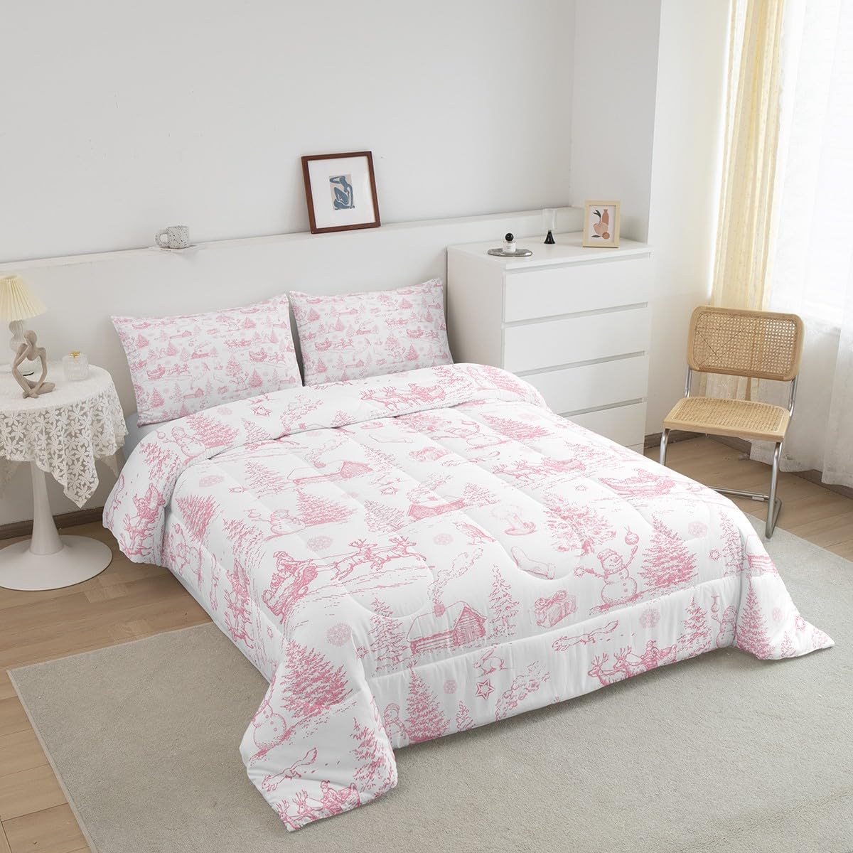 Christmas Comforter Set Twin Size,Pink White Winter Xmas Tree Quilt Set,Snowman Santa Claus Bedding Sets Kids Boys Girls Room Decor,Vintage Rustic Farmhouse Duvet Insert,1 Pillowcase