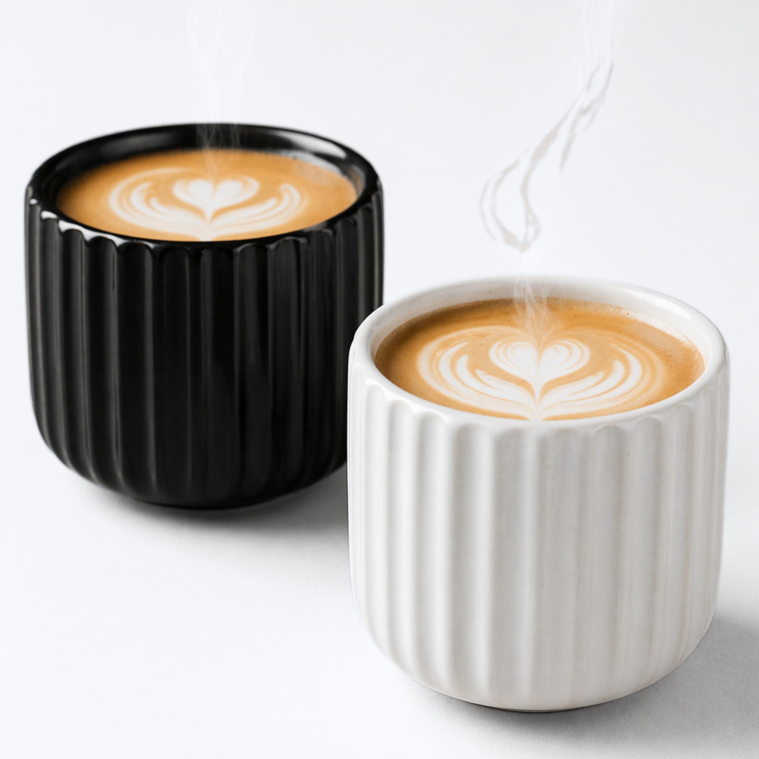 Erkundpresso. Espresso Cup Set 2x180ml, Thick-Walled Handleless Ceramic Cups, Heat-Retaining Scald-Proof, BPA-Free Kiln-Glazed for Espresso/Cappuccino, Unique Vintage Design - White + Black