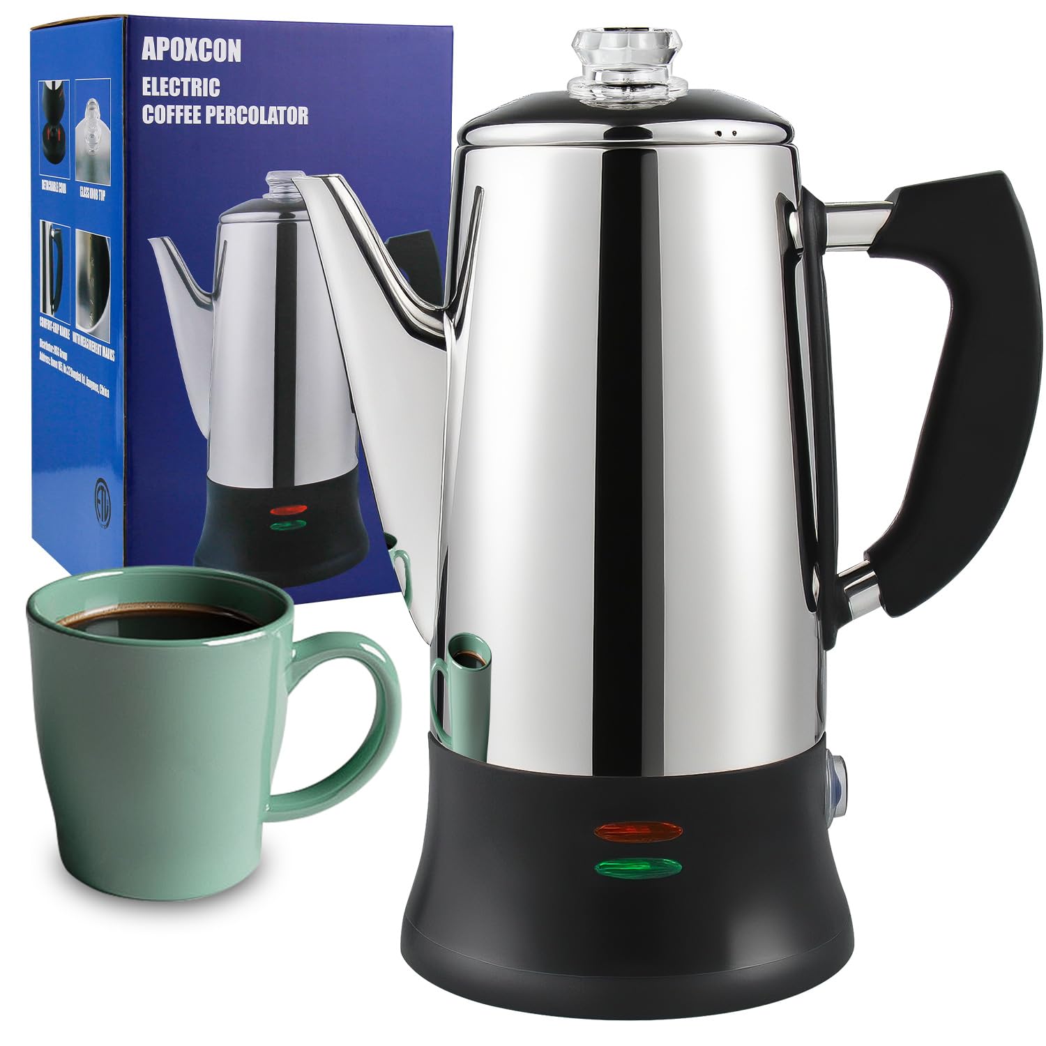 Electric Coffee Percolator Stainless Steel Coffee Maker with Heat Resistant Tough Glass Clear Brew Progress Knob, Classic Coffee Pot with Keep Warm Cordless Serve Cool Touch Handle 12 Cup